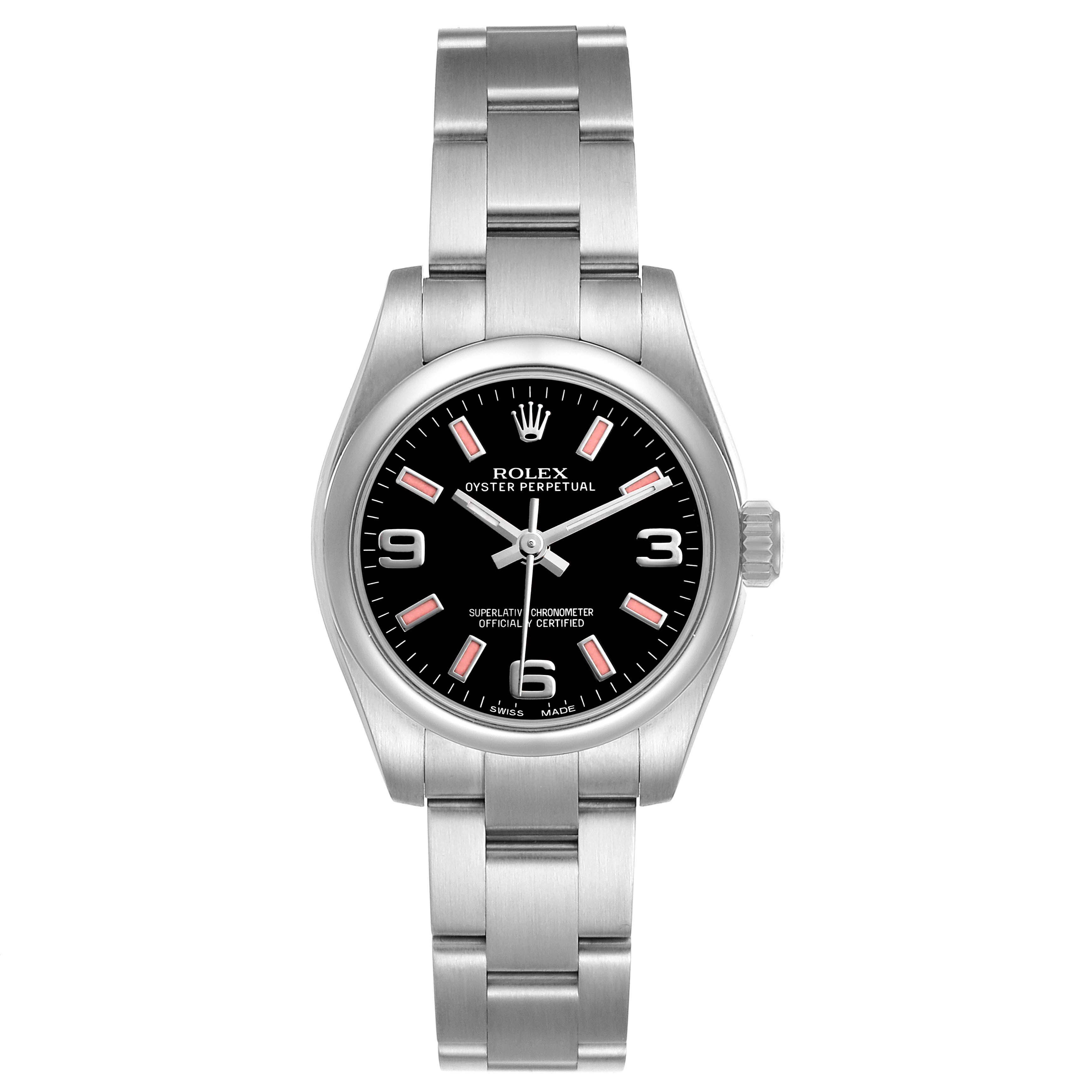The Rolex Oyster Perpetual 176200 Men's Stainless Steel Black Dial watch is shown from a top-down angle, highlighting its face, bezel, and bracelet.