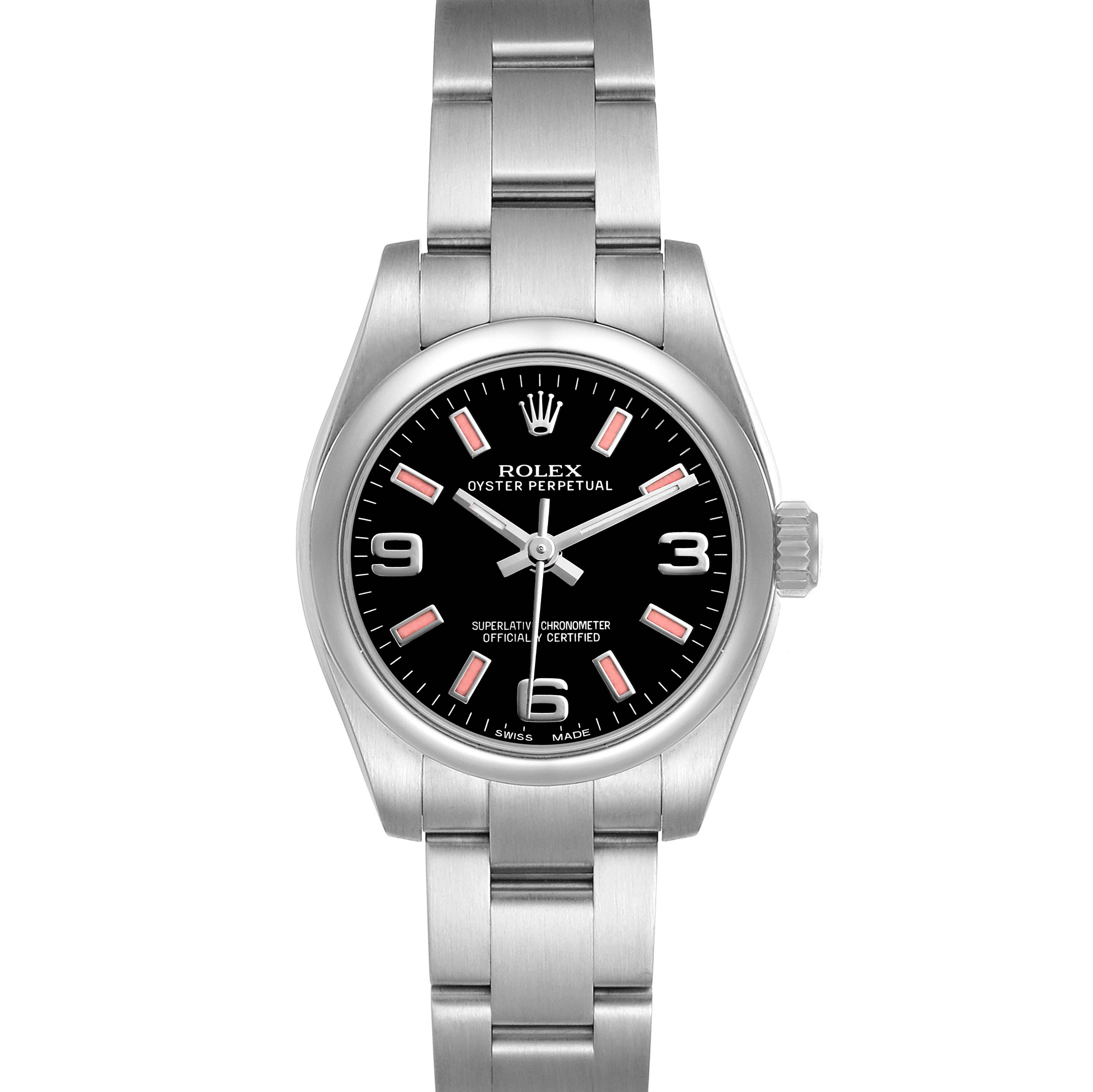 The Rolex Oyster Perpetual 176200 Men's Stainless Steel Black Dial watch is shown from the front, displaying the dial, bezel, and bracelet.