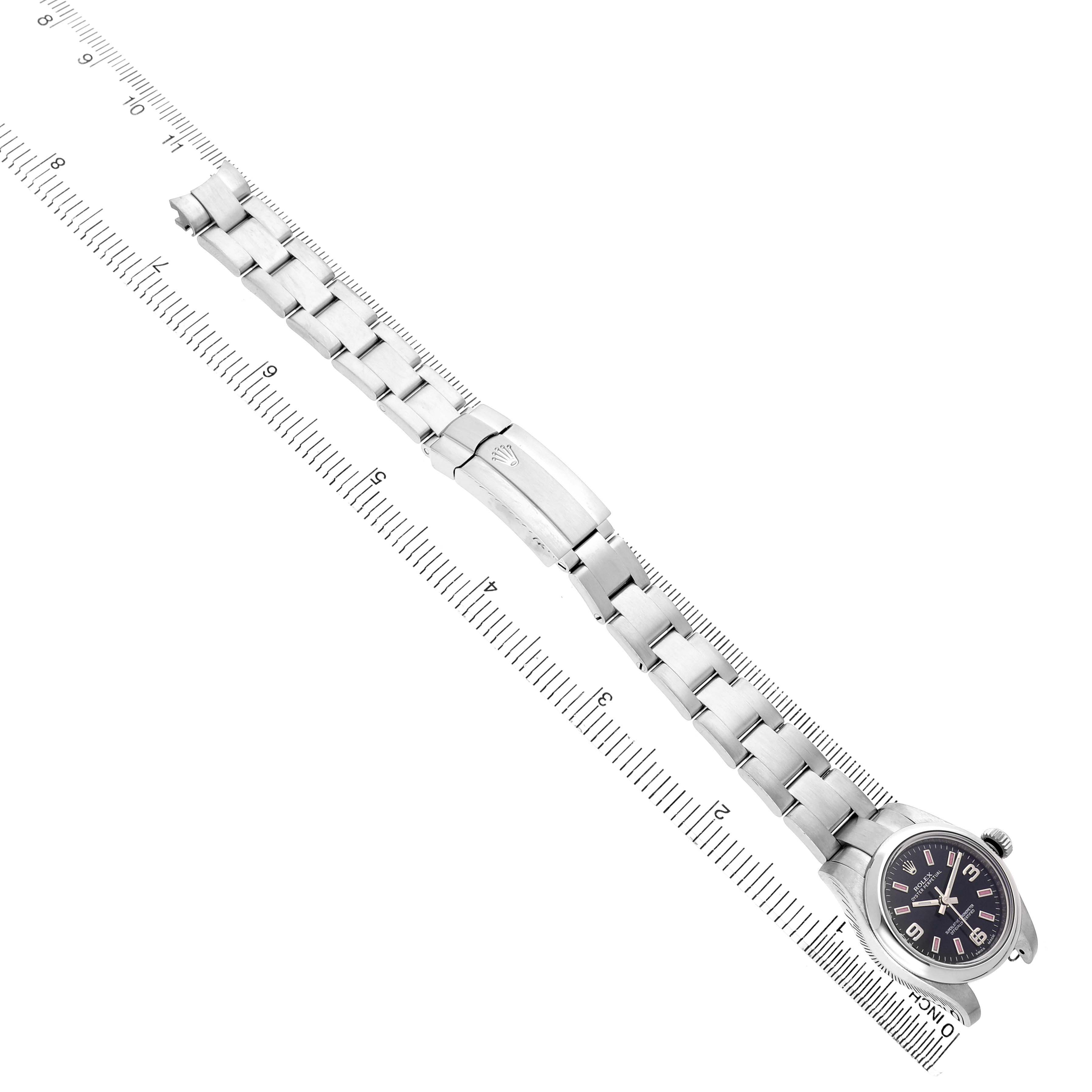 The Rolex Oyster Perpetual 176200 Men's Stainless Steel Black Dial watch is shown from a top-down angle, displaying the face and full bracelet with a clasp.
