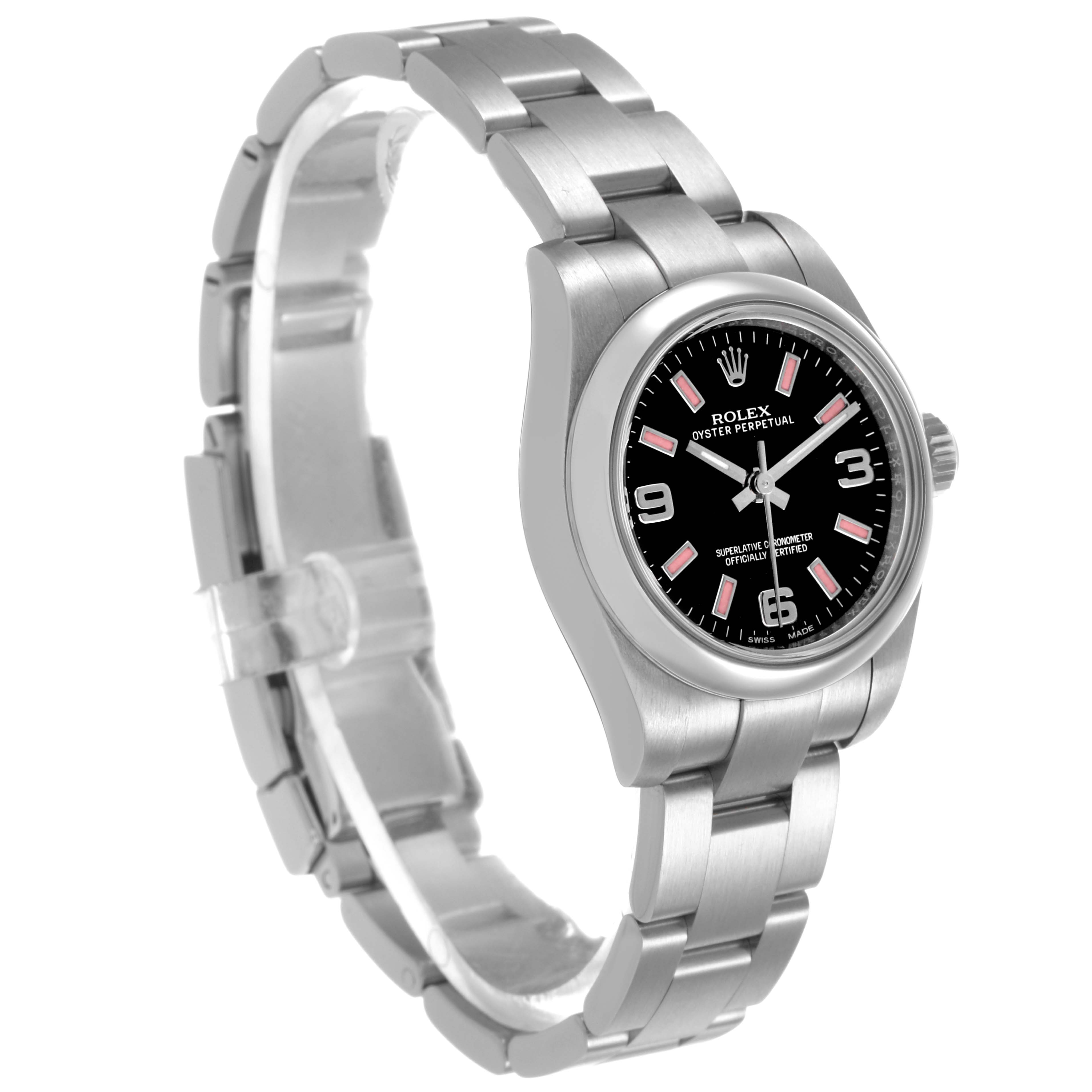 The Rolex Oyster Perpetual 176200 Men's Stainless Steel Black Dial watch is shown at a slight angle, highlighting the face, case, crown, and bracelet.
