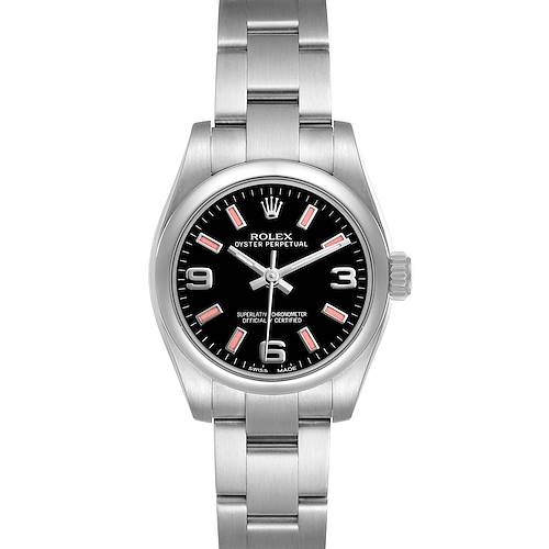 The image shows a frontal view of the Rolex Oyster Perpetual 176200 Men's Stainless Steel Black Dial, displaying the dial, bezel, and bracelet.