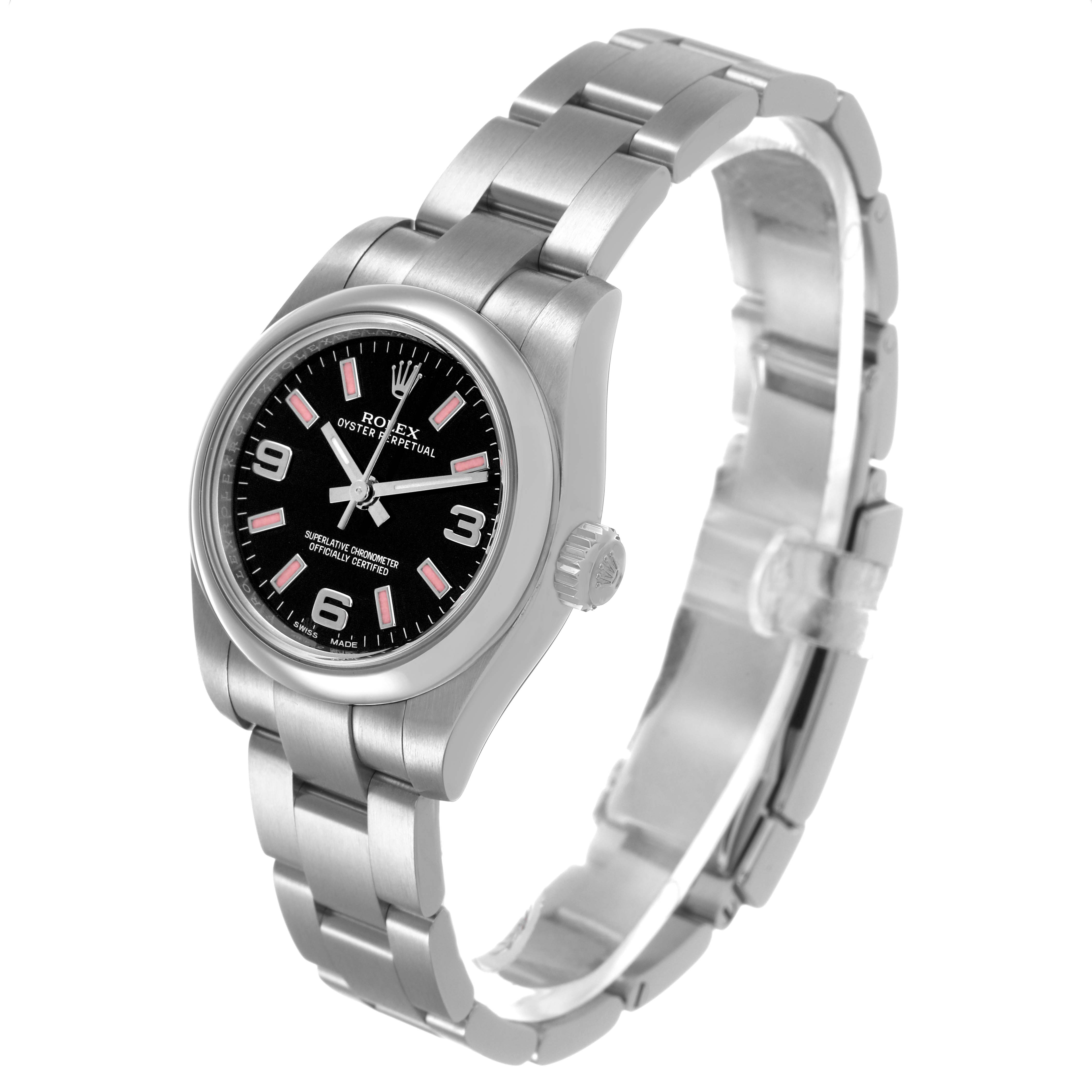 The Rolex Oyster Perpetual 176200 Men's Stainless Steel Black Dial watch is shown from a three-quarter angle, highlighting the face, bezel, crown, and bracelet.