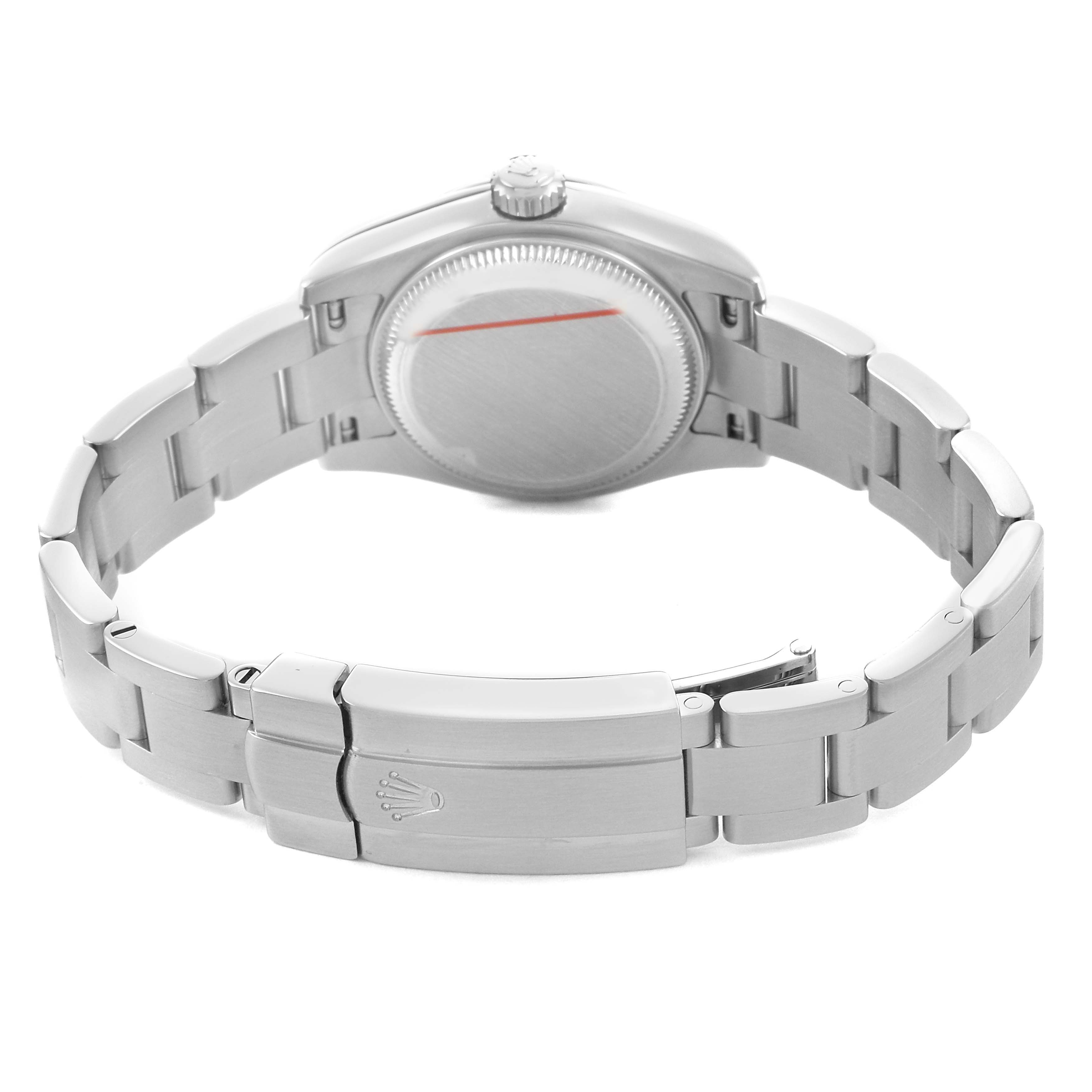 The image shows the back and clasp of a Rolex Oyster Perpetual 176200 Men's Stainless Steel Black Dial watch, highlighting the bracelet and case back.