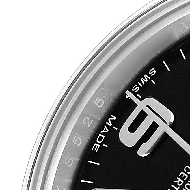 The image shows a close-up of the dial portion of the Rolex Oyster Perpetual 176200 Men's Stainless Steel Black Dial, highlighting the hands and markings.