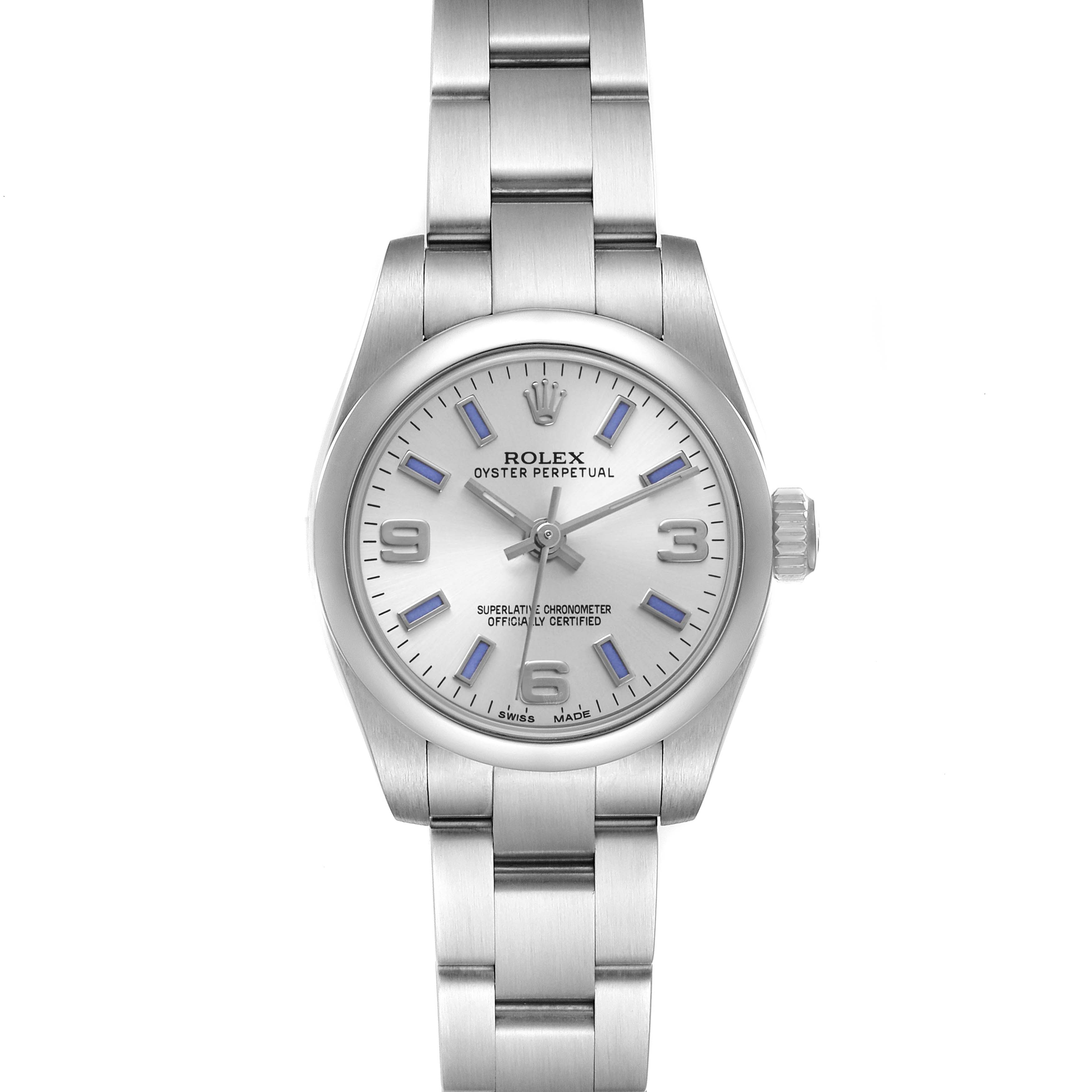 The image shows a Rolex Oyster Perpetual 176200 Women's Stainless Steel Silver Dial watch from the front, highlighting the dial, bezel, and bracelet.