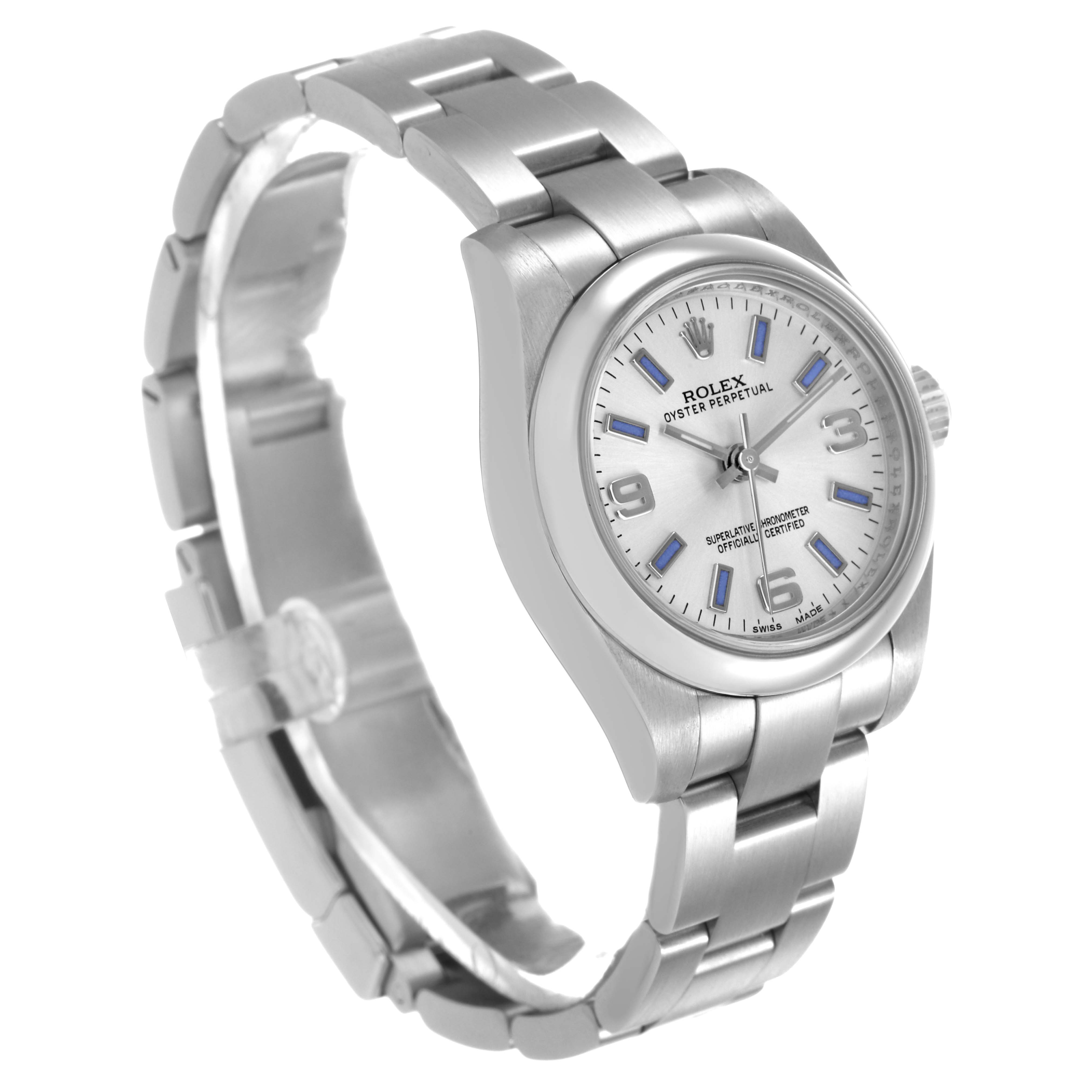 The Rolex Oyster Perpetual 176200 Women's Stainless Steel Silver Dial watch is shown at a three-quarter angle, highlighting the face, bezel, and bracelet.