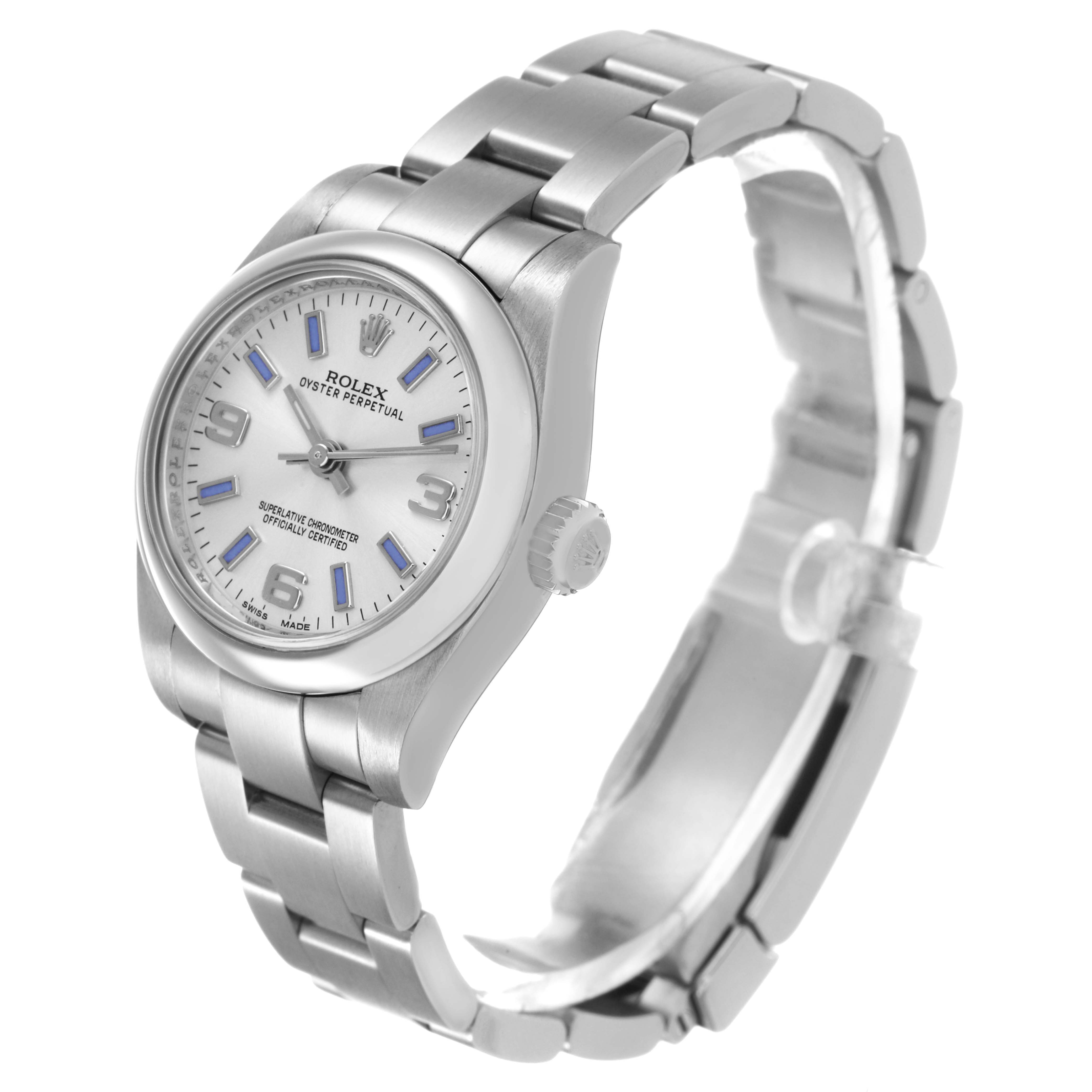 The Rolex Oyster Perpetual 176200 Women's Stainless Steel Silver Dial watch is shown at a slight angle, highlighting its face, bezel, crown, and bracelet.