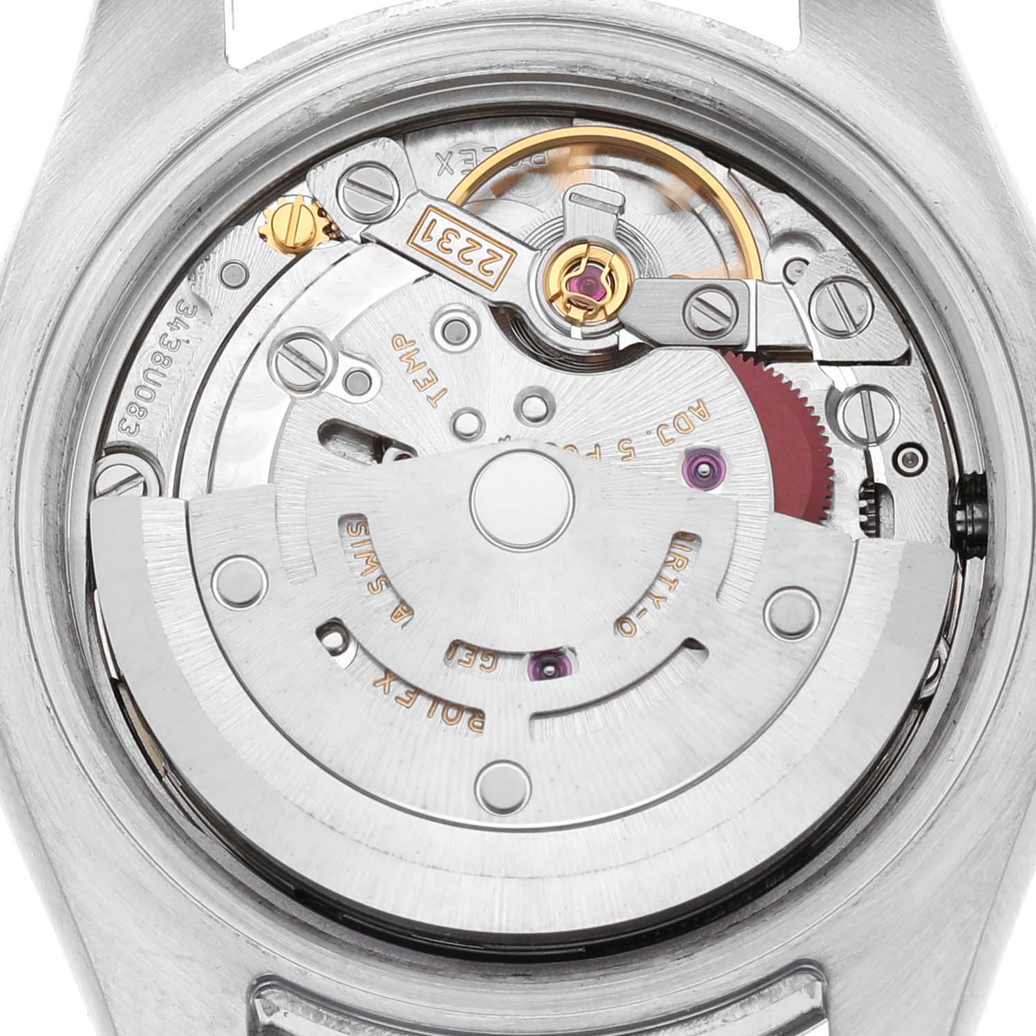 The image shows the movement of a Rolex Oyster Perpetual 176200 Women's Stainless Steel Silver Dial watch from the back, revealing gears and other components.