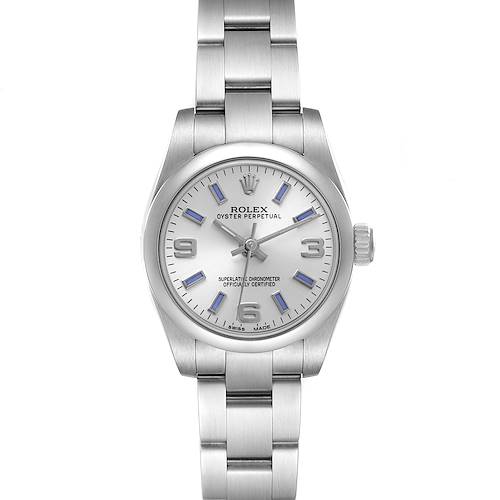 The Rolex Oyster Perpetual 176200 Women's Stainless Steel Silver Dial watch is shown from a front angle, displaying the face, bracelet, and crown.