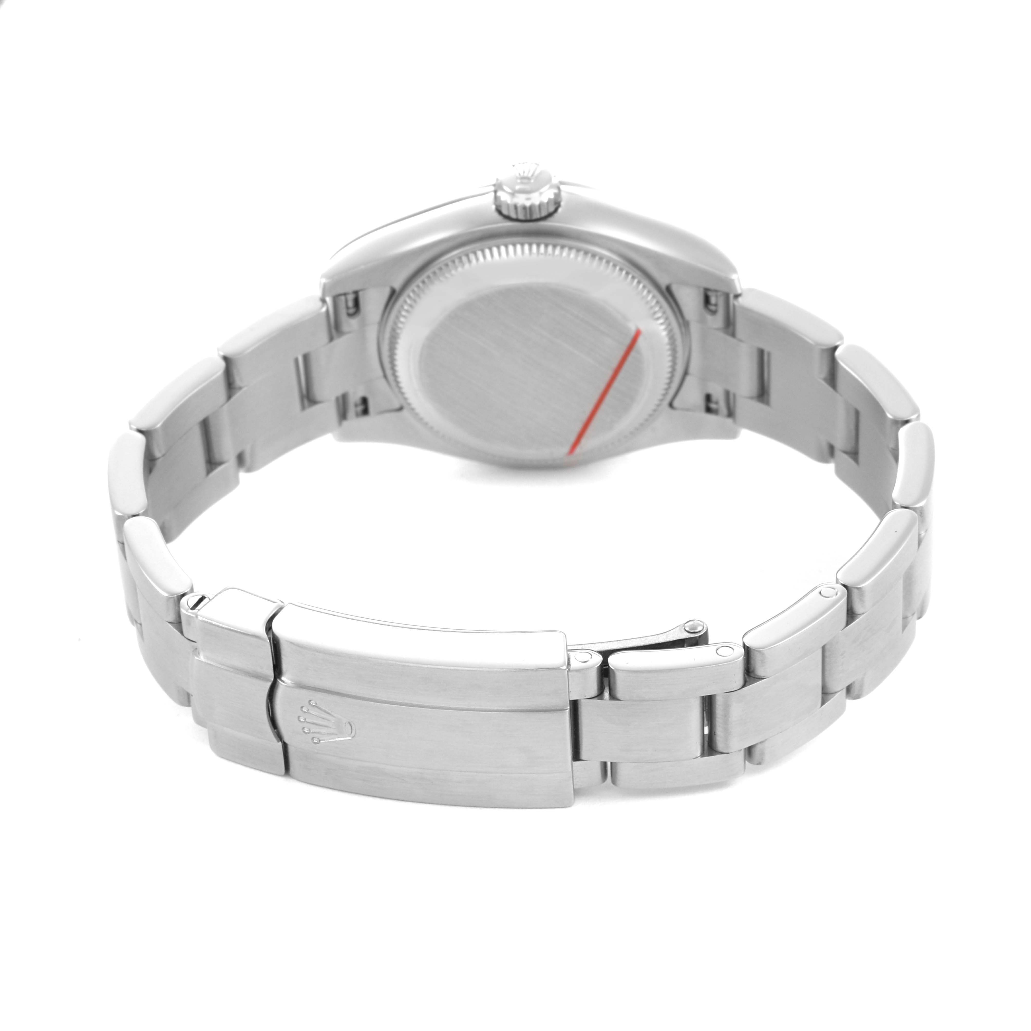 The image shows the back of the Rolex Oyster Perpetual 176200 Women's Stainless Steel Silver Dial, highlighting the clasp and bracelet.