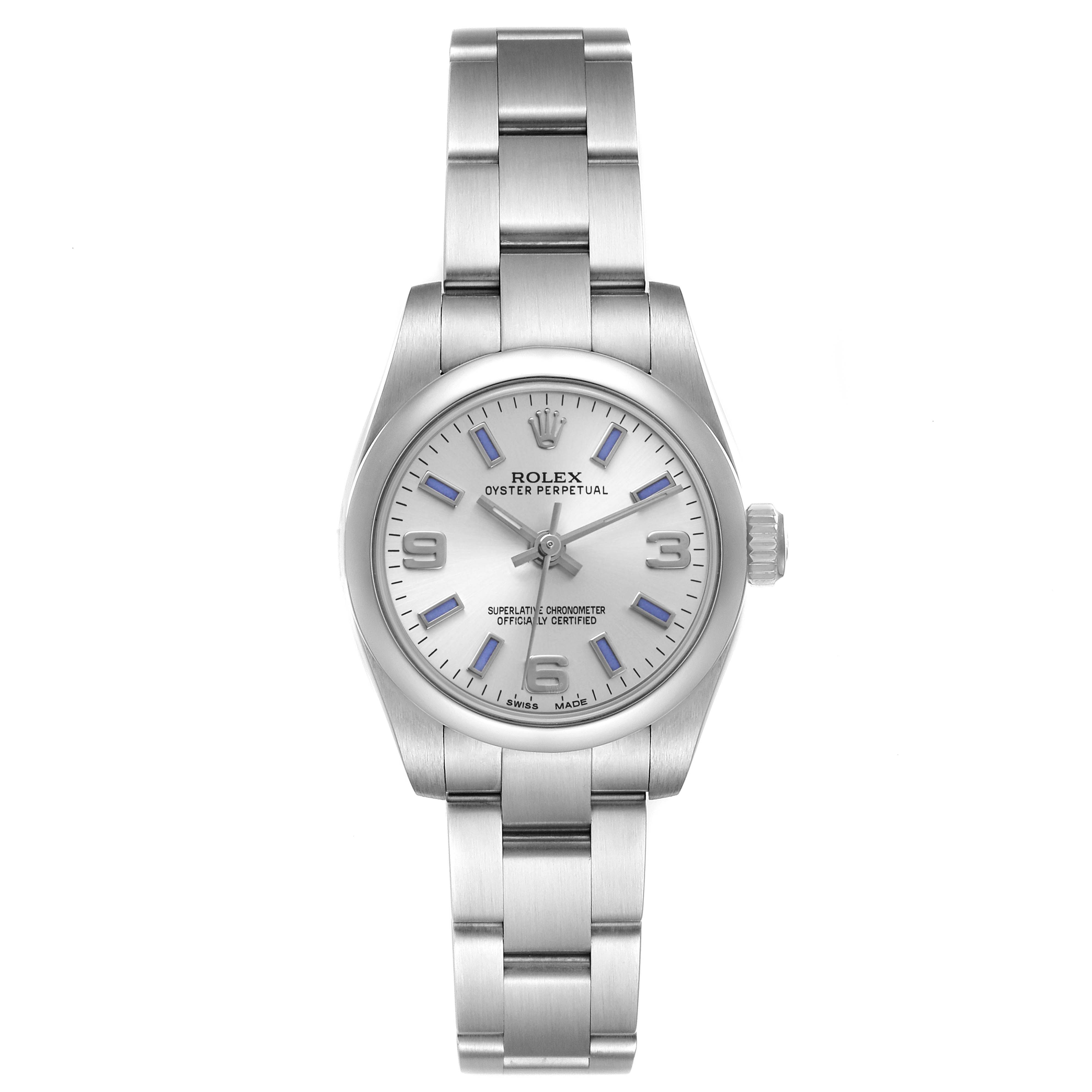The Rolex Oyster Perpetual 176200 Women's Stainless Steel Silver Dial watch is shown from a top-down angle, highlighting the dial, bracelet, and crown.
