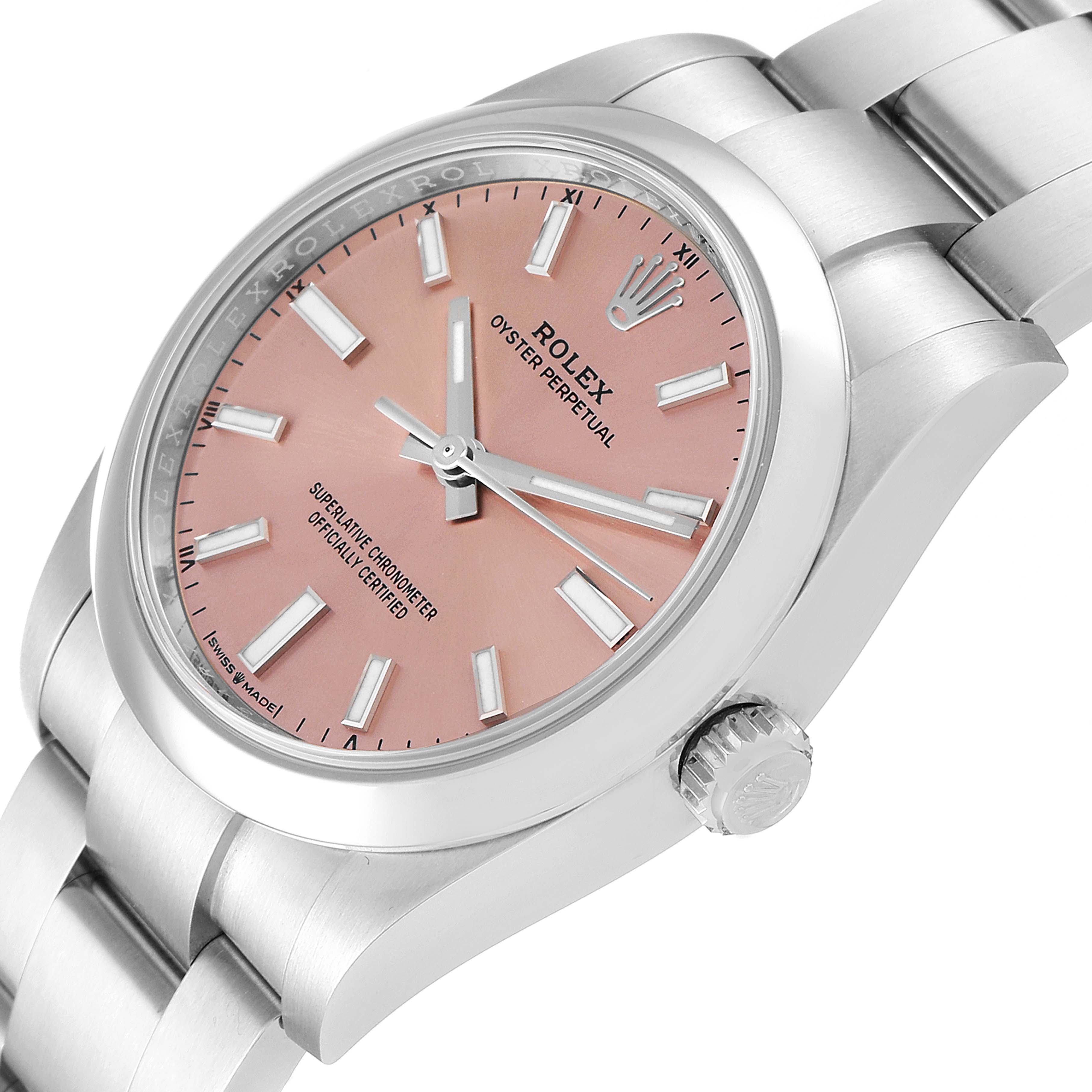 The image shows a side and front angle of the Rolex Oyster Perpetual 124200 Men
s Stainless Steel Pink Dial 124200 Men
s Stainless Steel Pink Dial watch, highlighting its pink dial, crown, and bracelet.