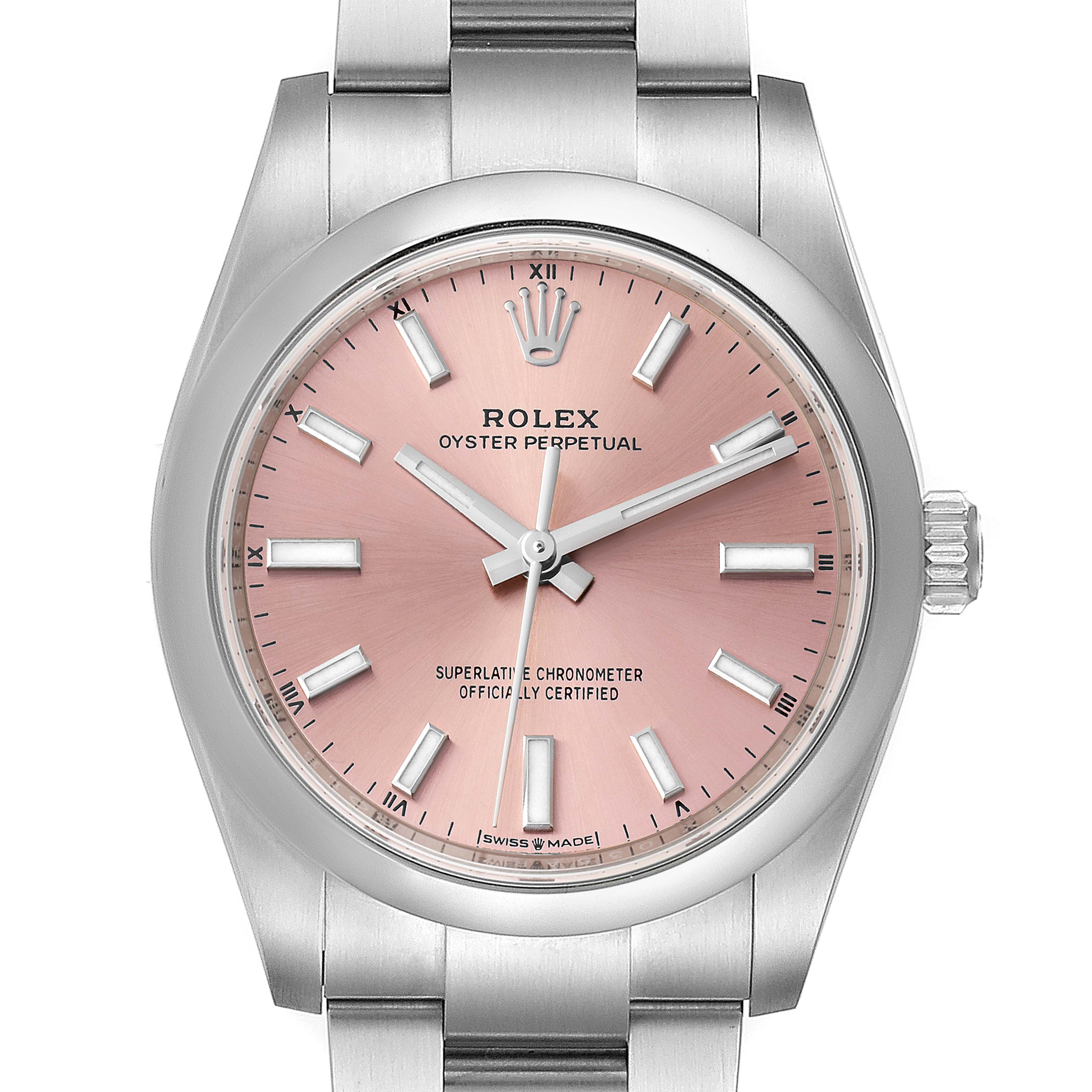 The image shows a front view of the Rolex Oyster Perpetual 124200 Men
s Stainless Steel Pink Dial 124200 Men
s Stainless Steel Pink Dial watch, featuring a pink dial and a stainless steel bracelet.