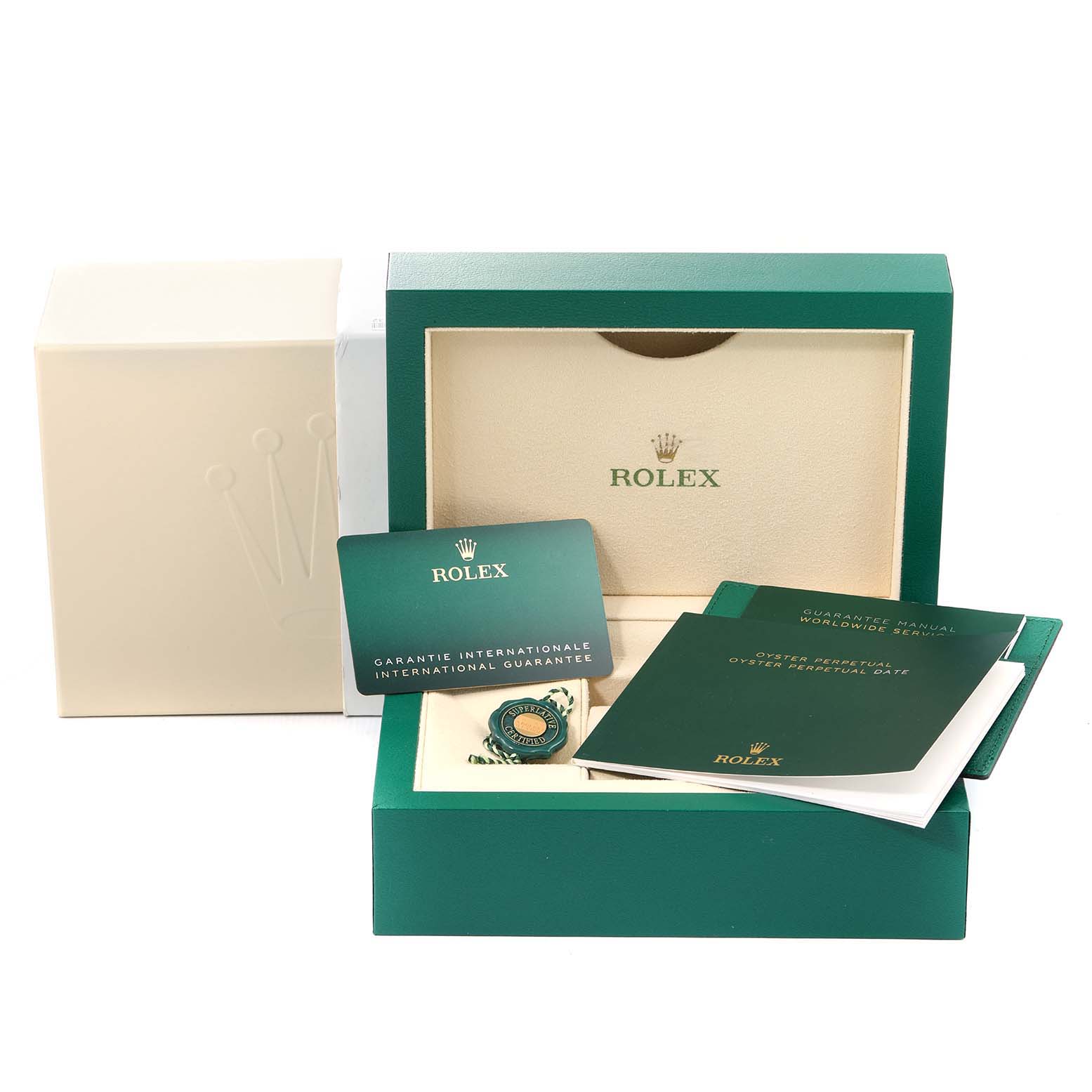 The image shows the packaging, warranty card, manual, and tag for the Rolex Oyster Perpetual 124200 Men
s Stainless Steel Pink Dial 124200 Men
s Stainless Steel Pink Dial model.