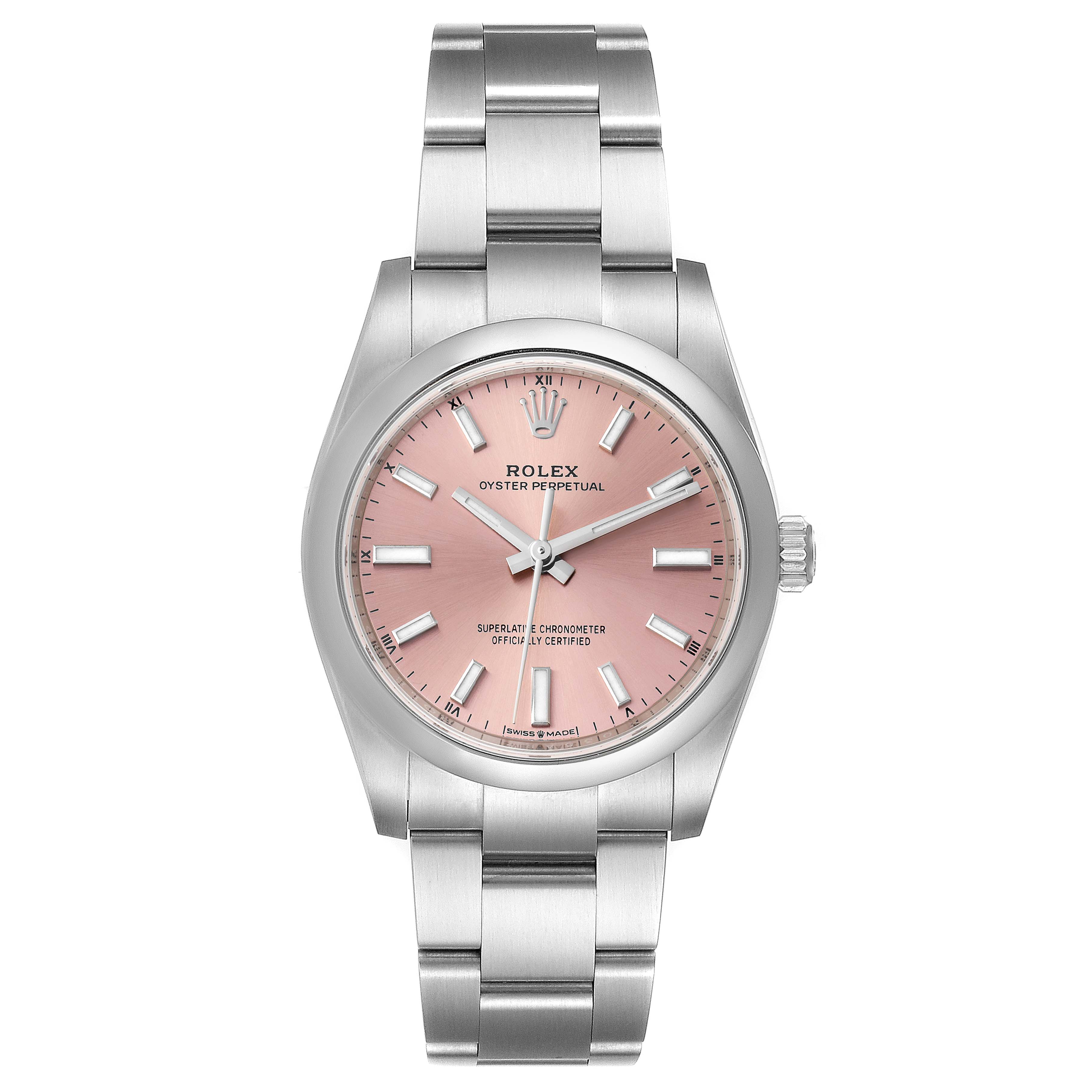The image shows a front view of a Rolex Oyster Perpetual 124200 Men
s Stainless Steel Pink Dial 124200 Men
s Stainless Steel Pink Dial watch with a pink dial and silver bracelet.