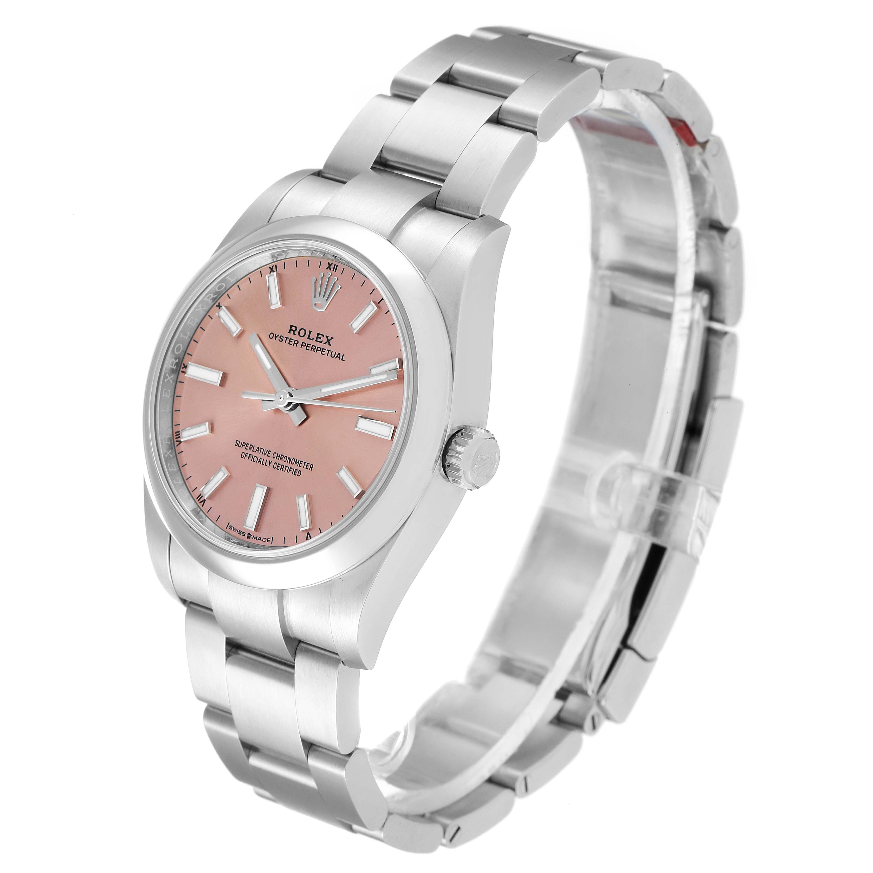 The image shows a side and front angle of a Rolex Oyster Perpetual 124200 Men
s Stainless Steel Pink Dial 124200 Men
s Stainless Steel Pink Dial watch with a pink dial and stainless steel bracelet.