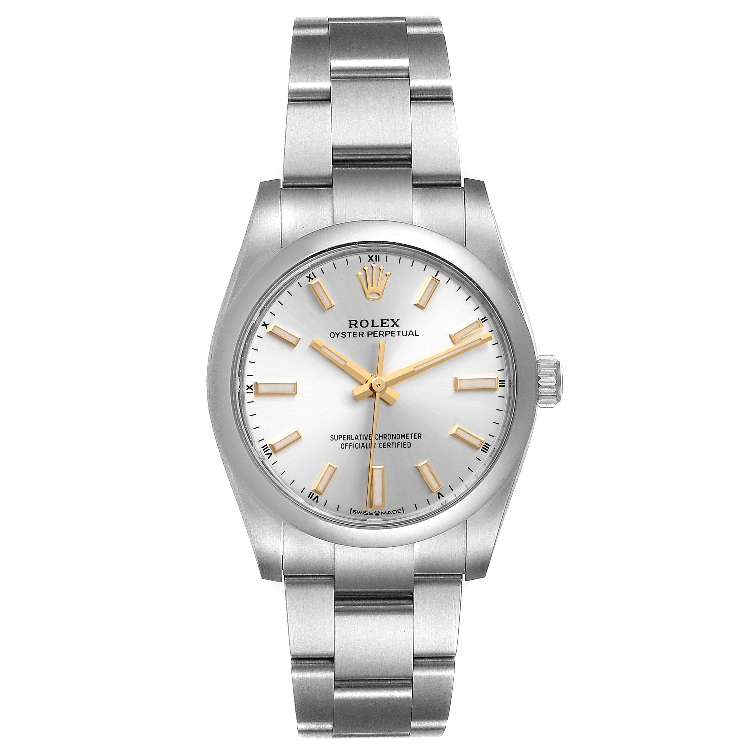 The image shows a front view of a Rolex Oyster Perpetual 124200 Men's Stainless Steel Silver Dial 124200 Men's Stainless Steel Silver Dial watch, highlighting its dial, bezel, bracelet, and crown.