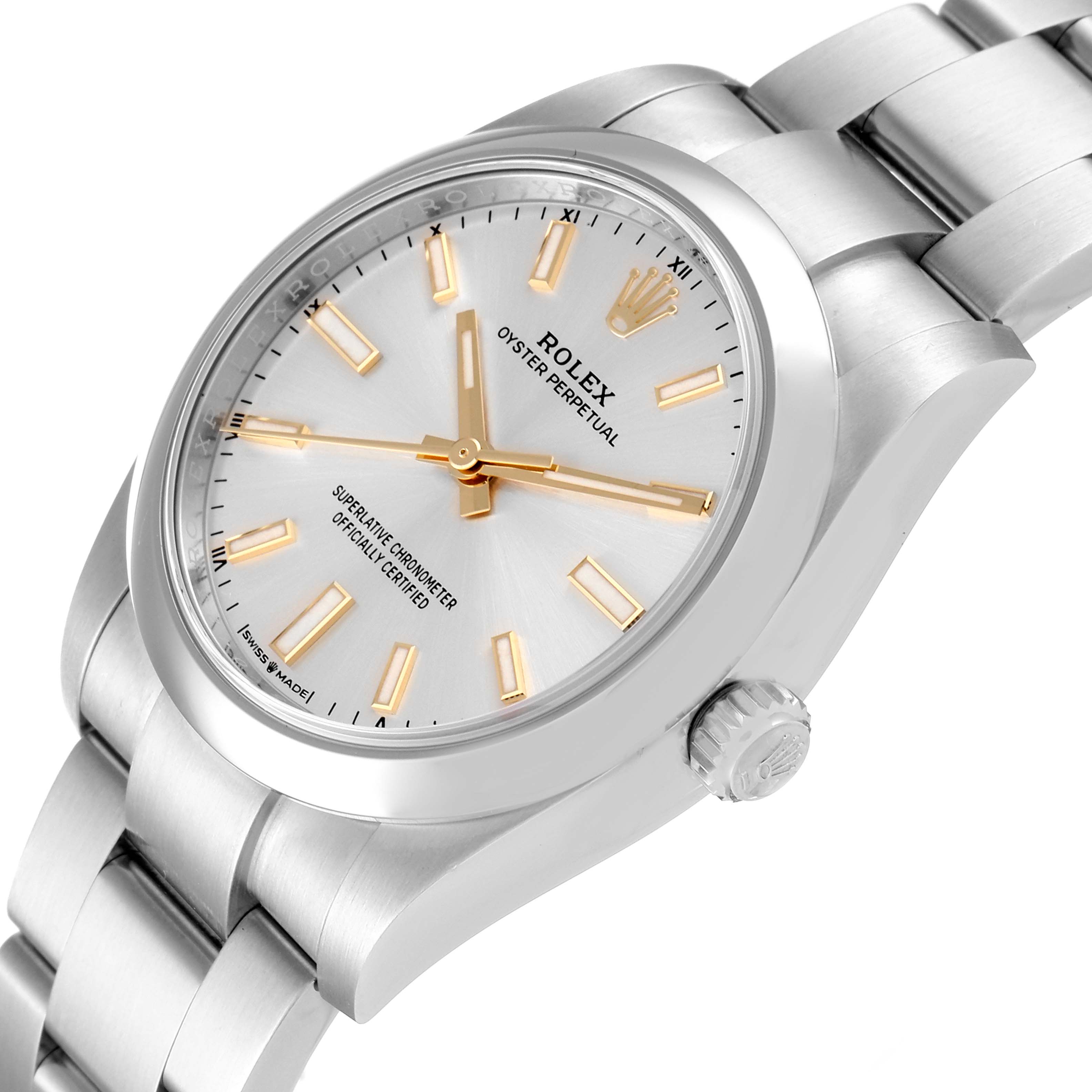 The image shows a Rolex Oyster Perpetual 124200 Men's Stainless Steel Silver Dial 124200 Men's Stainless Steel Silver Dial watch at an angle, highlighting the dial, bracelet, and crown.