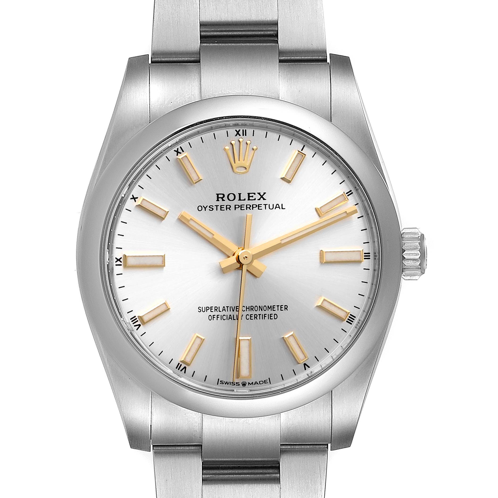 The image shows a front view of the Rolex Oyster Perpetual 124200 Men's Stainless Steel Silver Dial 124200 Men's Stainless Steel Silver Dial watch, featuring its face, dial, and part of the stainless steel bracelet.