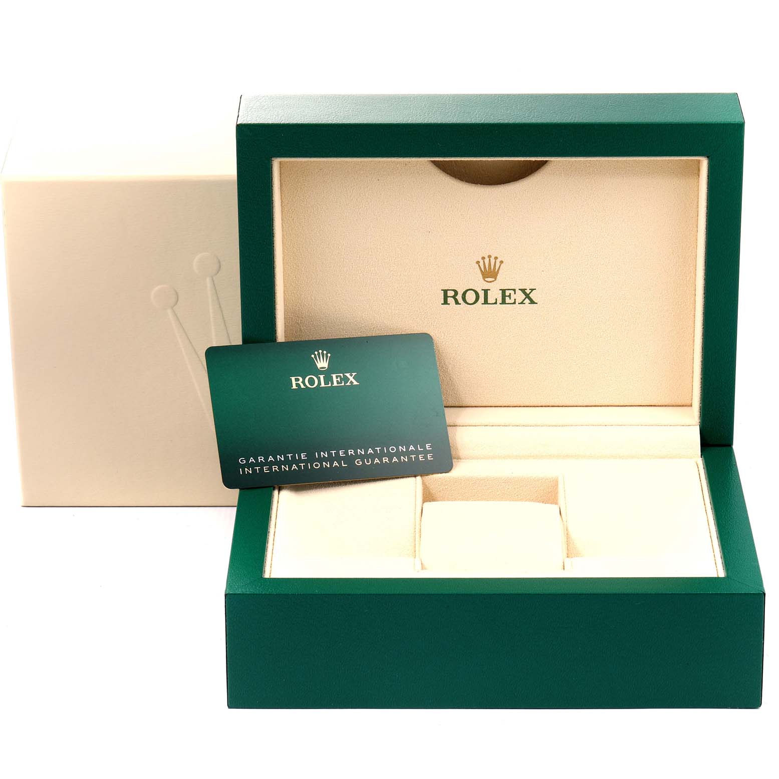 The image shows a Rolex Oyster Perpetual 124200 Men's Stainless Steel Silver Dial 124200 Men's Stainless Steel Silver Dial watch box, guarantee card, and packaging from a front-facing angle.