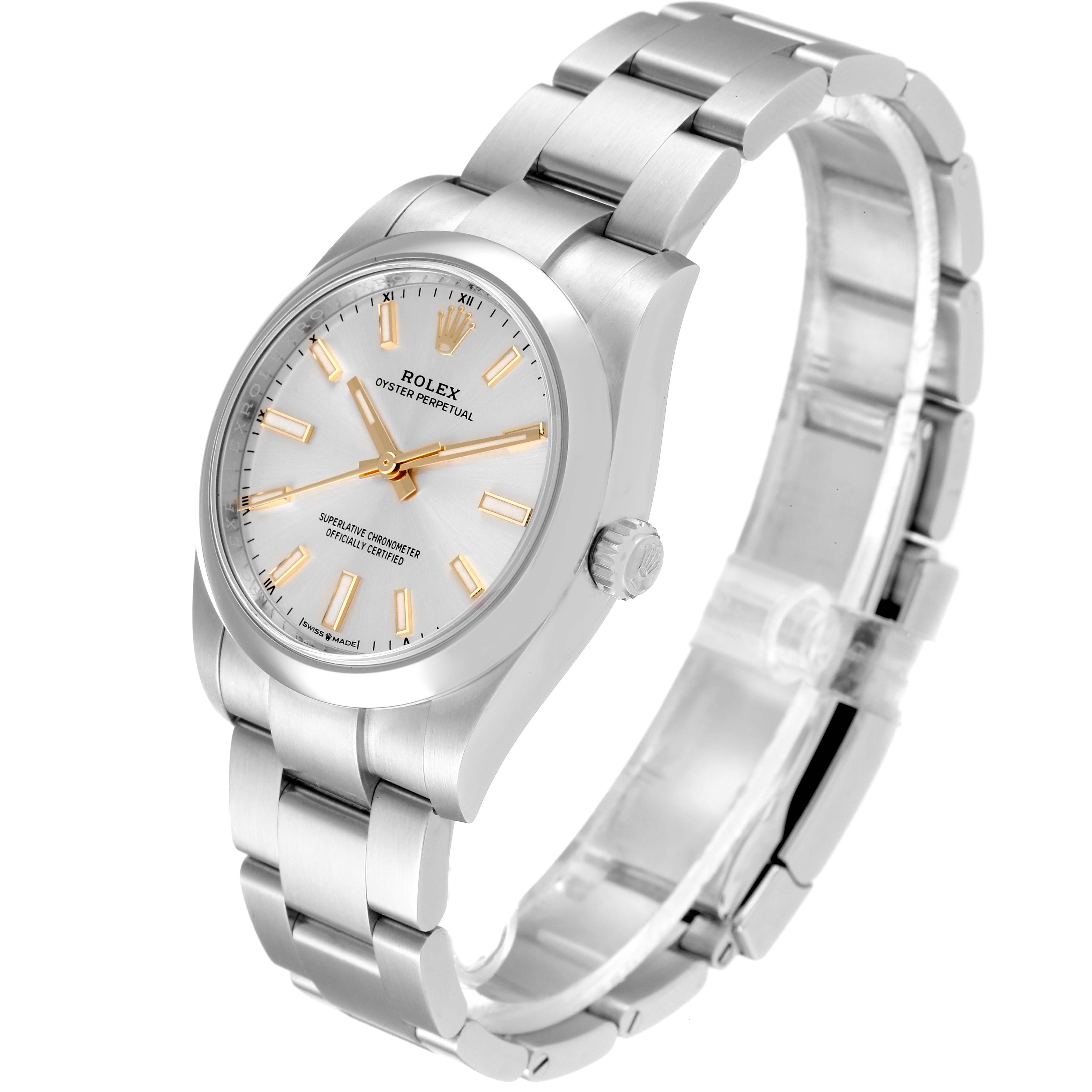 The Rolex Oyster Perpetual 124200 Men's Stainless Steel Silver Dial 124200 Men's Stainless Steel Silver Dial watch is shown at a three-quarter angle, highlighting its silver dial, bracelet, and casing.