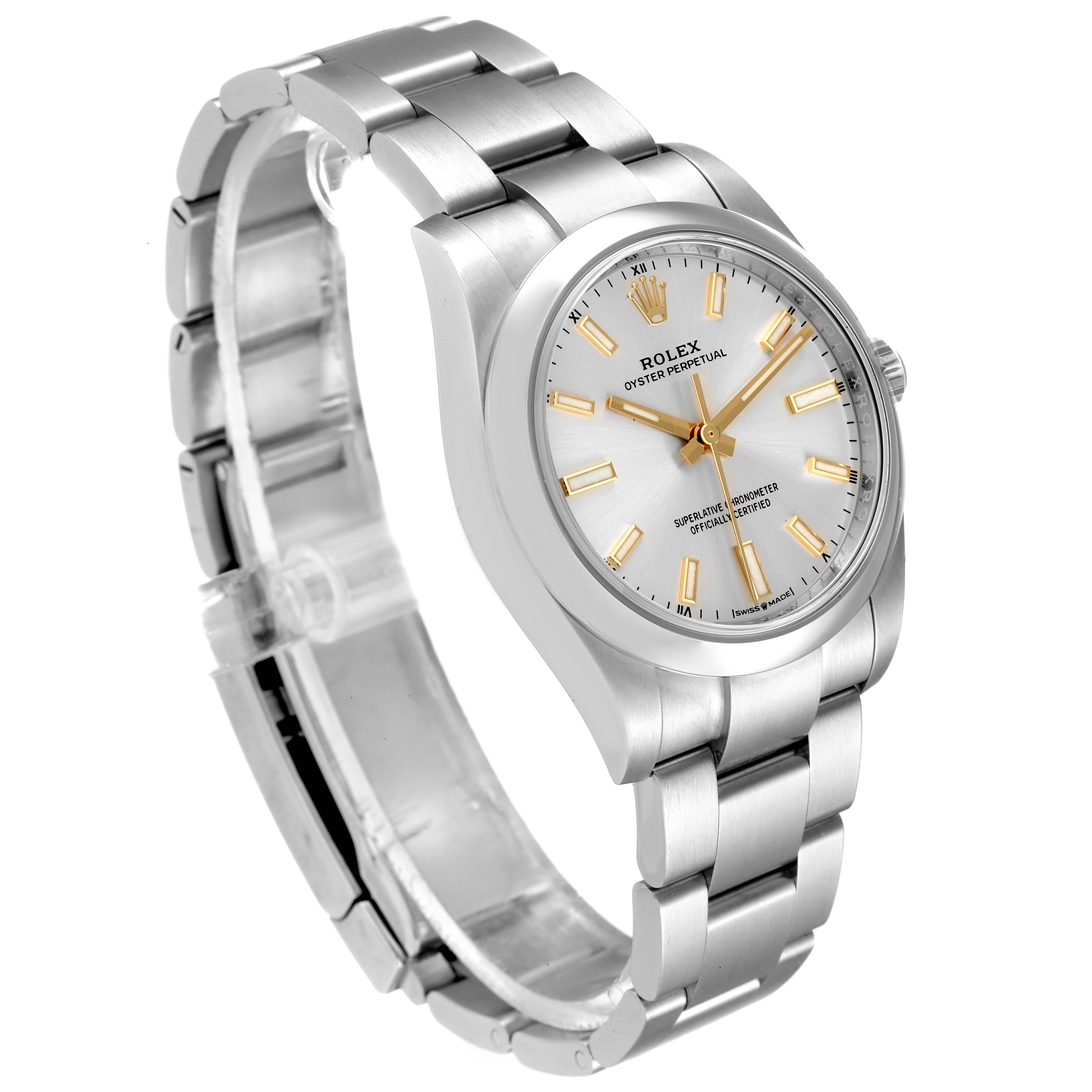 The Rolex Oyster Perpetual 124200 Men's Stainless Steel Silver Dial 124200 Men's Stainless Steel Silver Dial watch is shown at a three-quarter angle highlighting the silver dial, gold hour markers, and stainless steel bracelet.