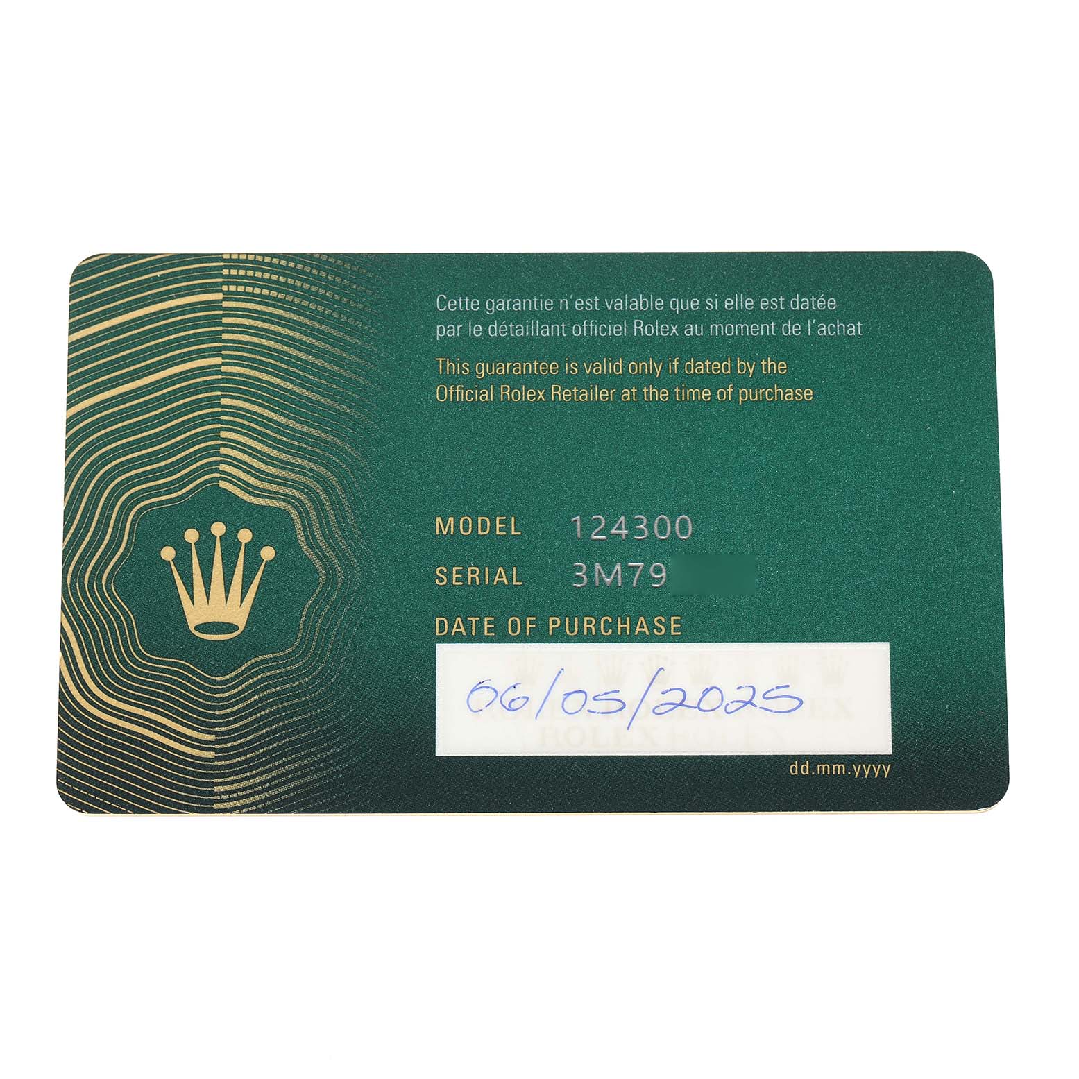 The image shows a guarantee card for the Rolex Oyster Perpetual 124300 Men
s Stainless Steel Blue Dial, displaying model number 124300 and purchase details.