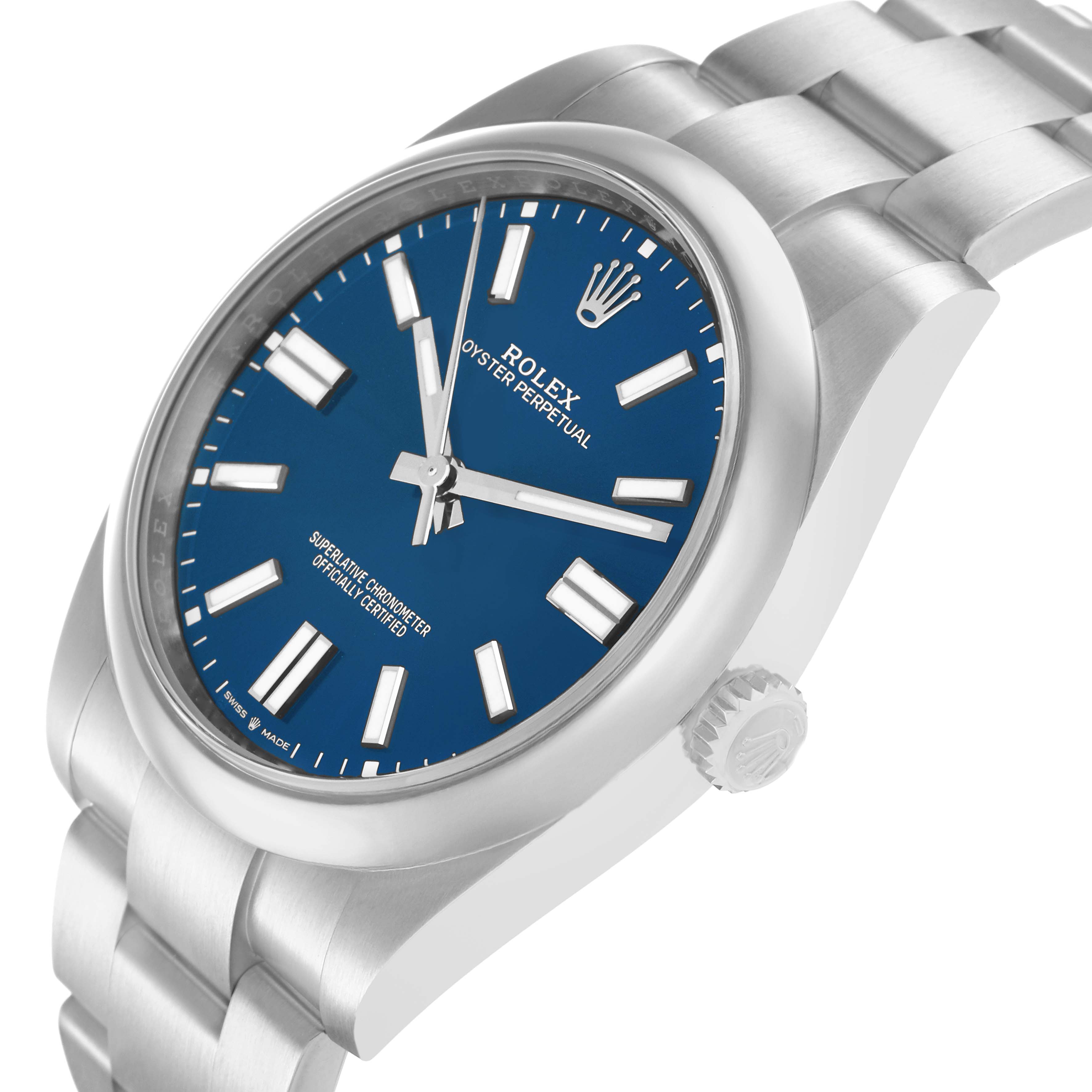 The Rolex Oyster Perpetual 124300 Men
s Stainless Steel Blue Dial watch is shown at a slight angle, highlighting the blue dial, crown, and part of the bracelet.