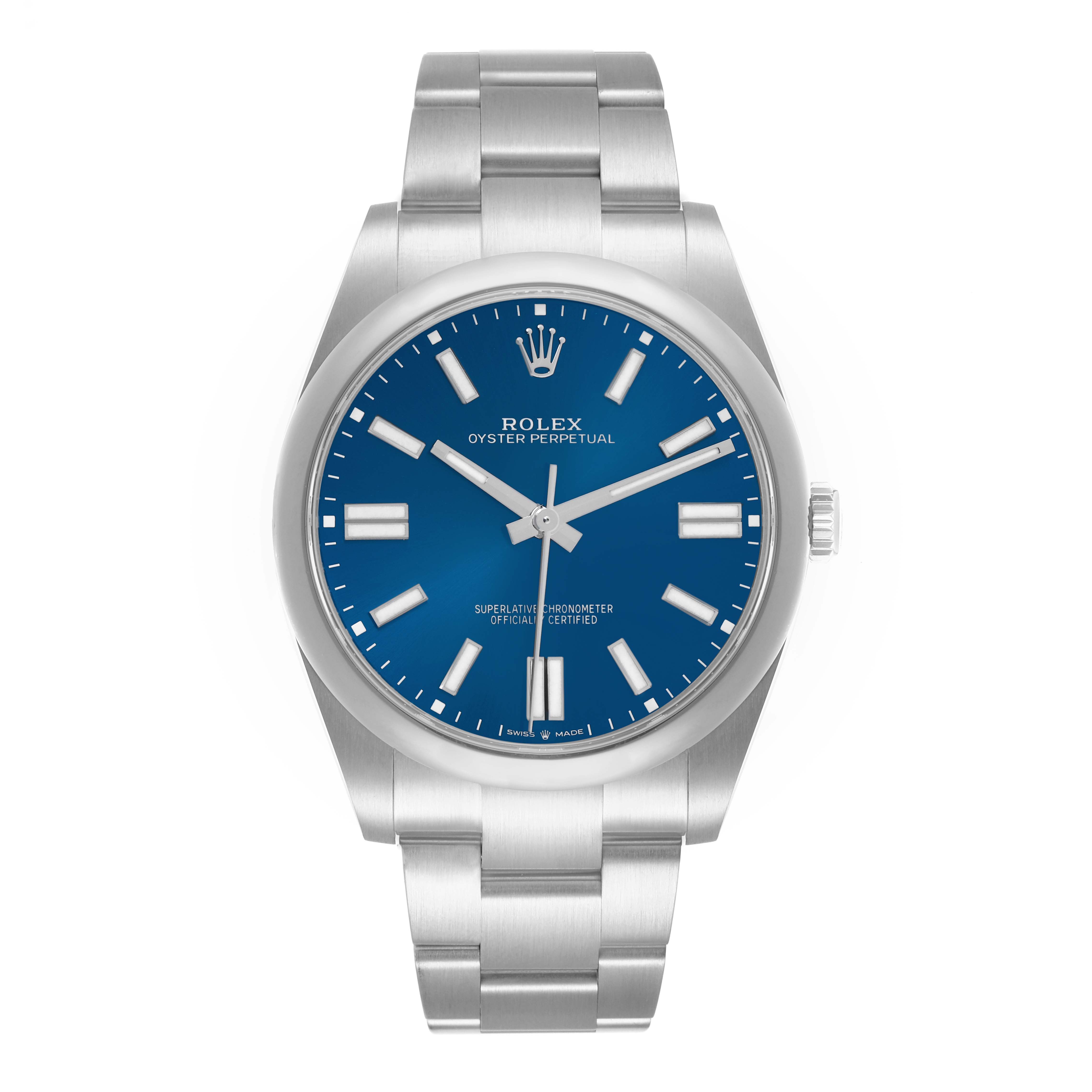 The image shows a frontal view of the Rolex Oyster Perpetual 124300 Men
s Stainless Steel Blue Dial watch, featuring the blue dial, silver hands, and stainless steel bracelet.