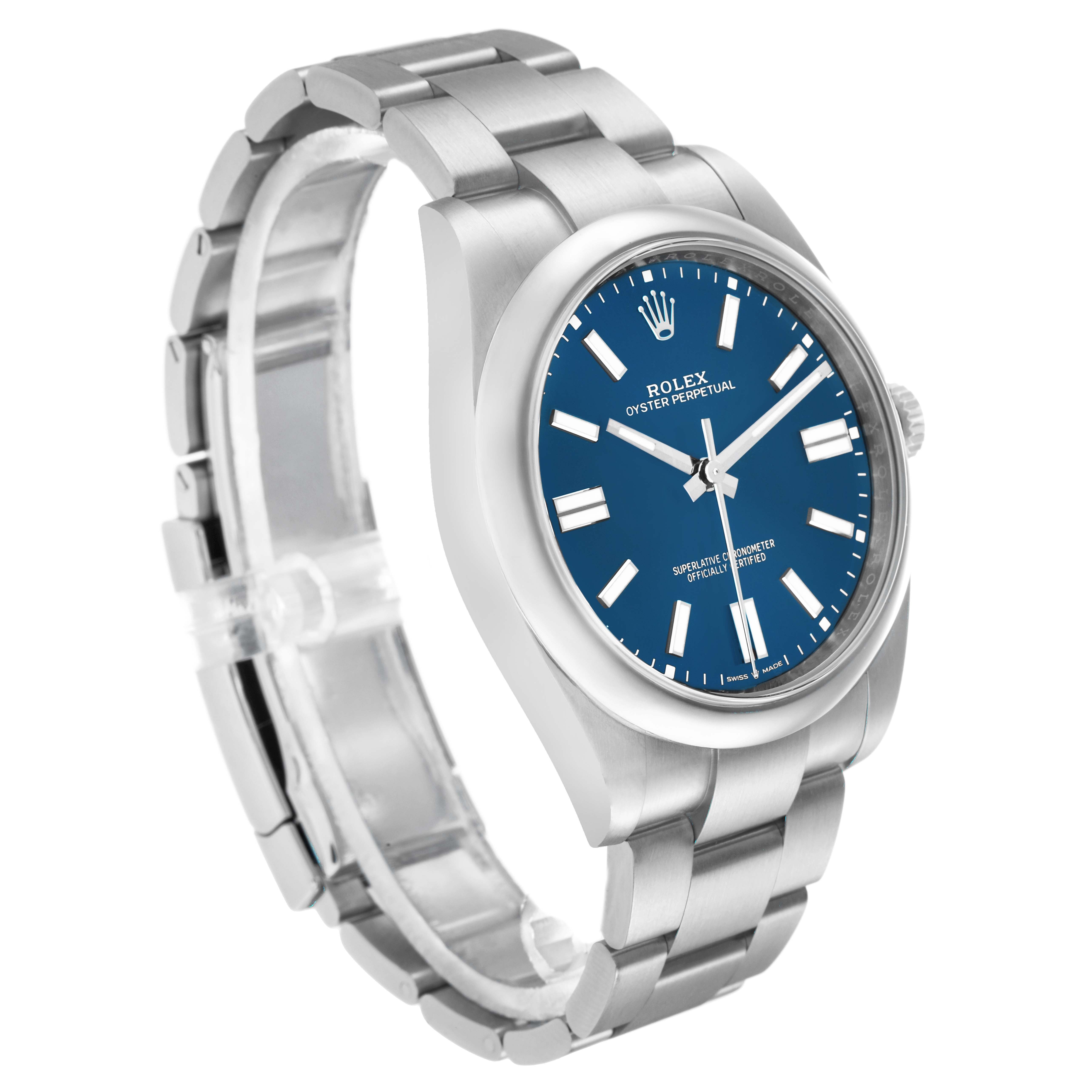 The Rolex Oyster Perpetual 124300 Men
s Stainless Steel Blue Dial watch is shown at an angled side view, displaying its blue dial, stainless steel case, and bracelet.