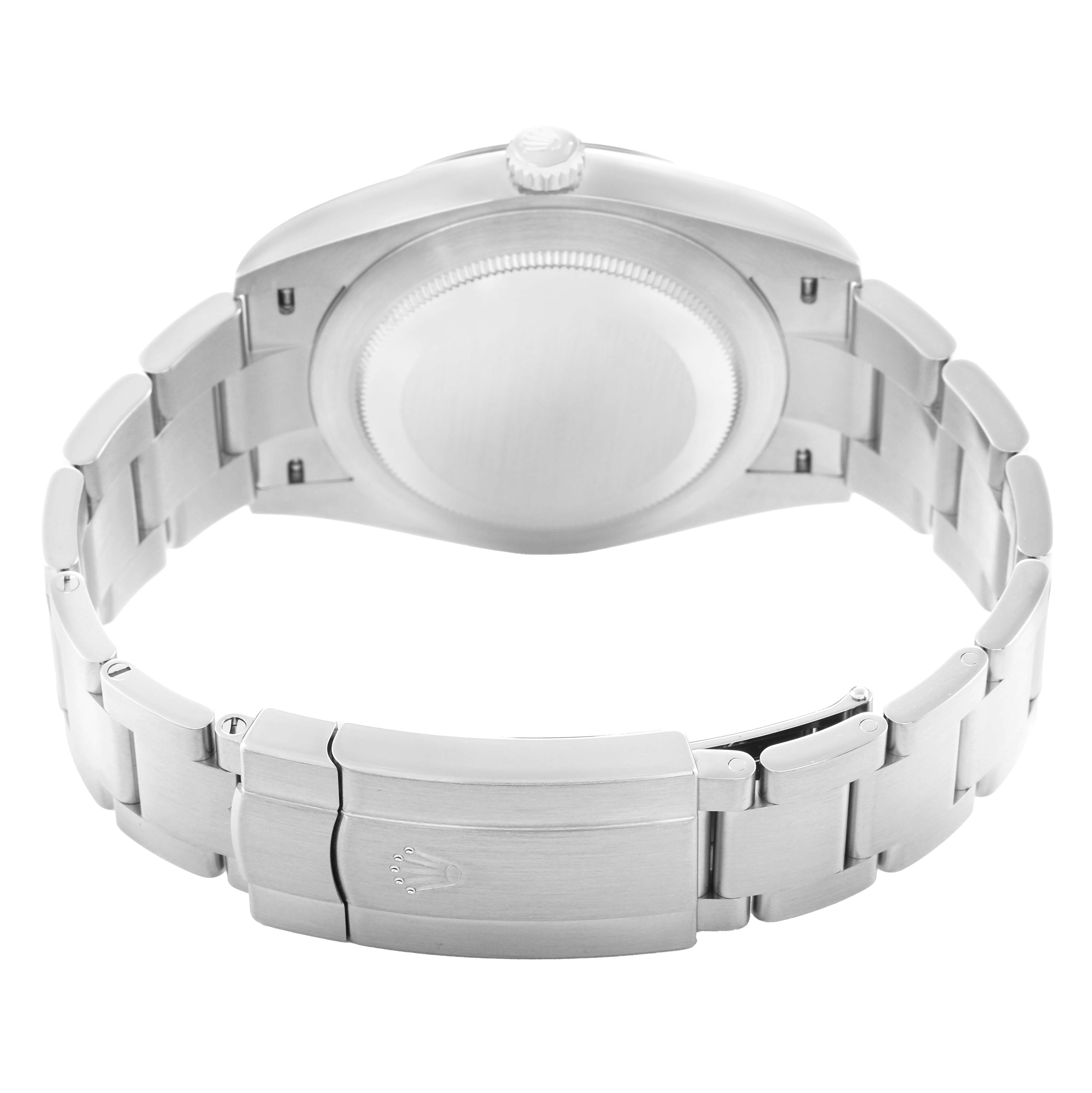 The image shows the back case and bracelet clasp of a Rolex Oyster Perpetual 124300 Men
s Stainless Steel Blue Dial watch from a rear angle.