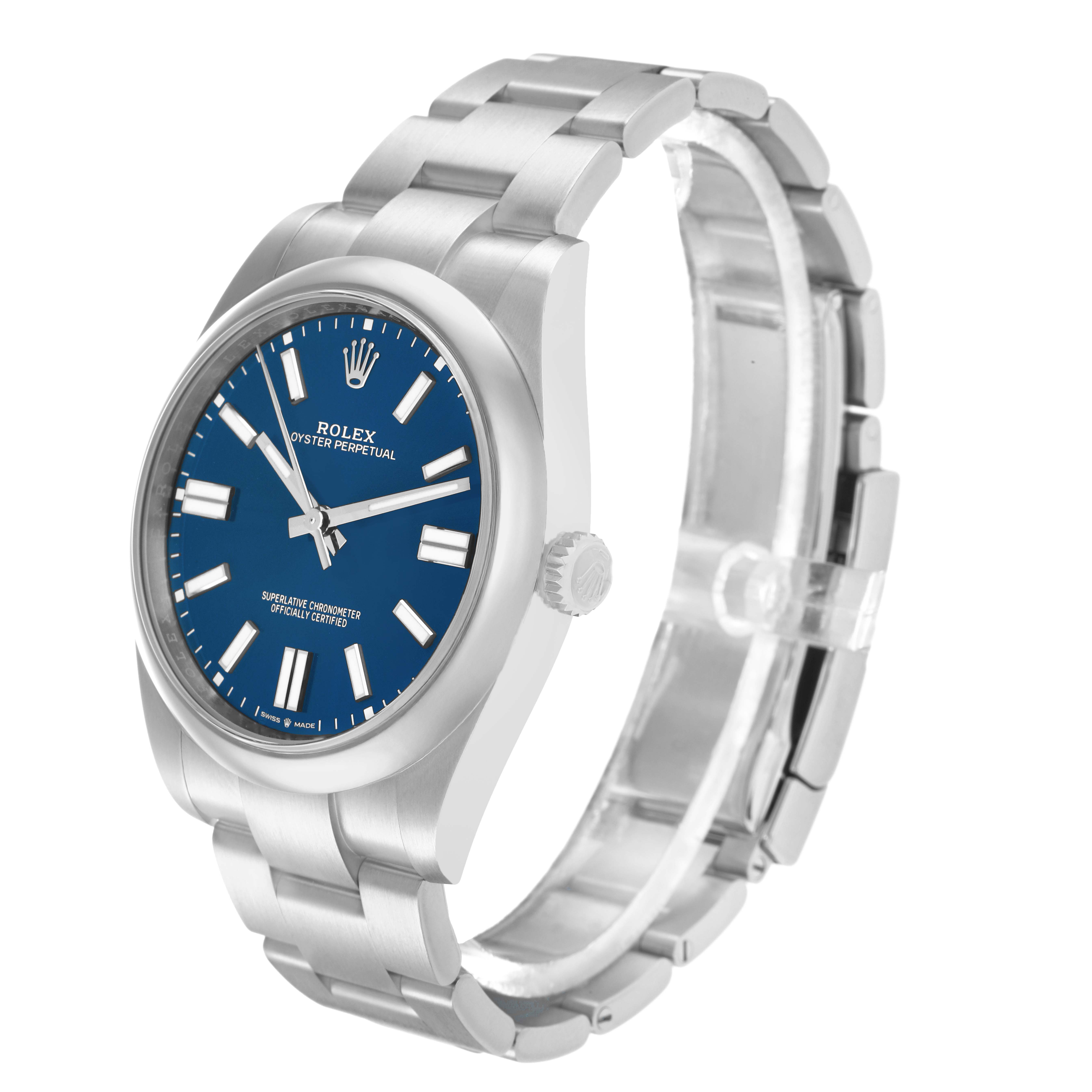 The Rolex Oyster Perpetual 124300 Men
s Stainless Steel Blue Dial watch is shown at a slight angle, displaying the blue dial, crown, and stainless steel bracelet.