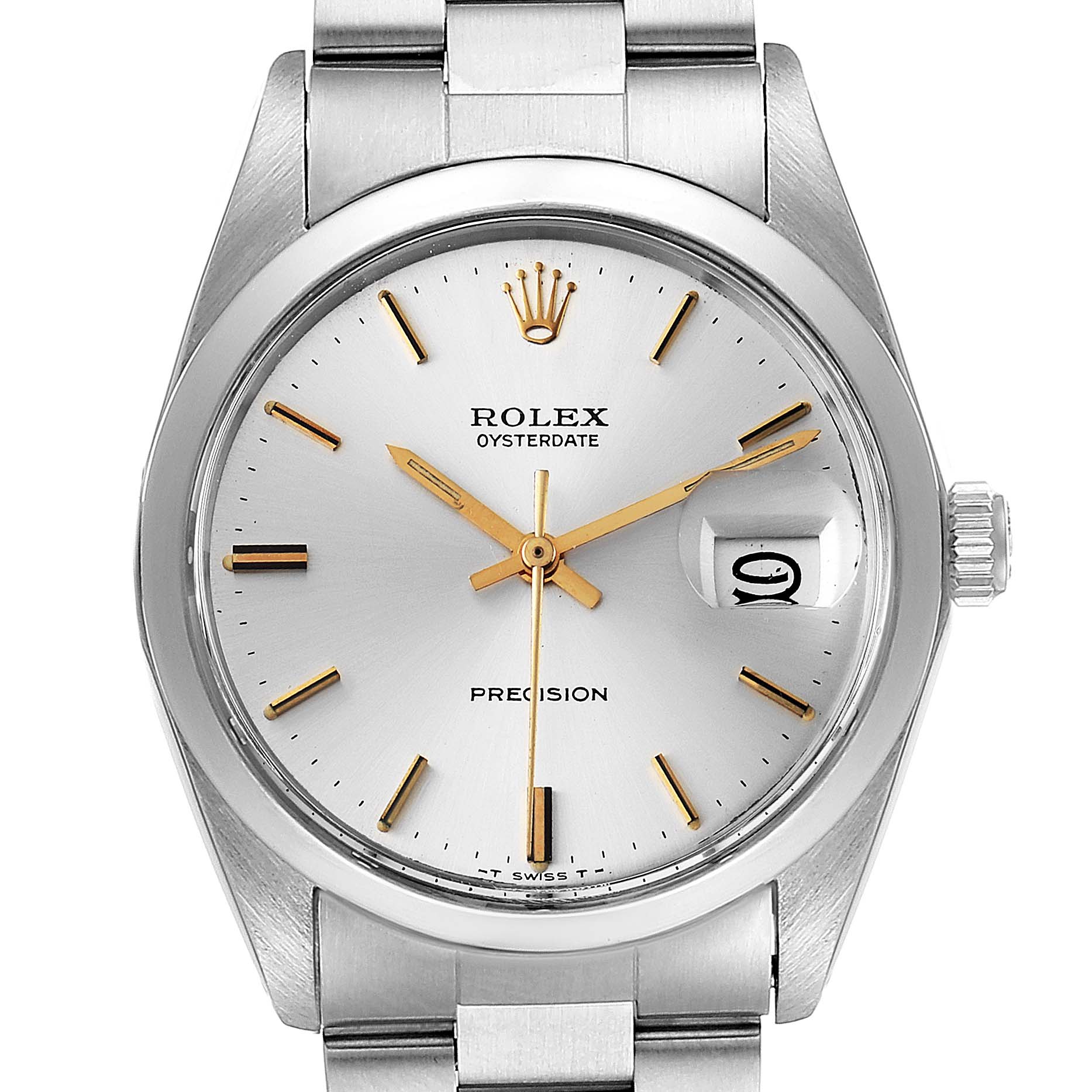 The image shows a frontal view of the Rolex Vintage Collection 6694 Men's Stainless Steel Silver Dial 6694 Men's Stainless Steel Silver Dial Oysterdate watch, highlighting the dial, hands, and bracelet.