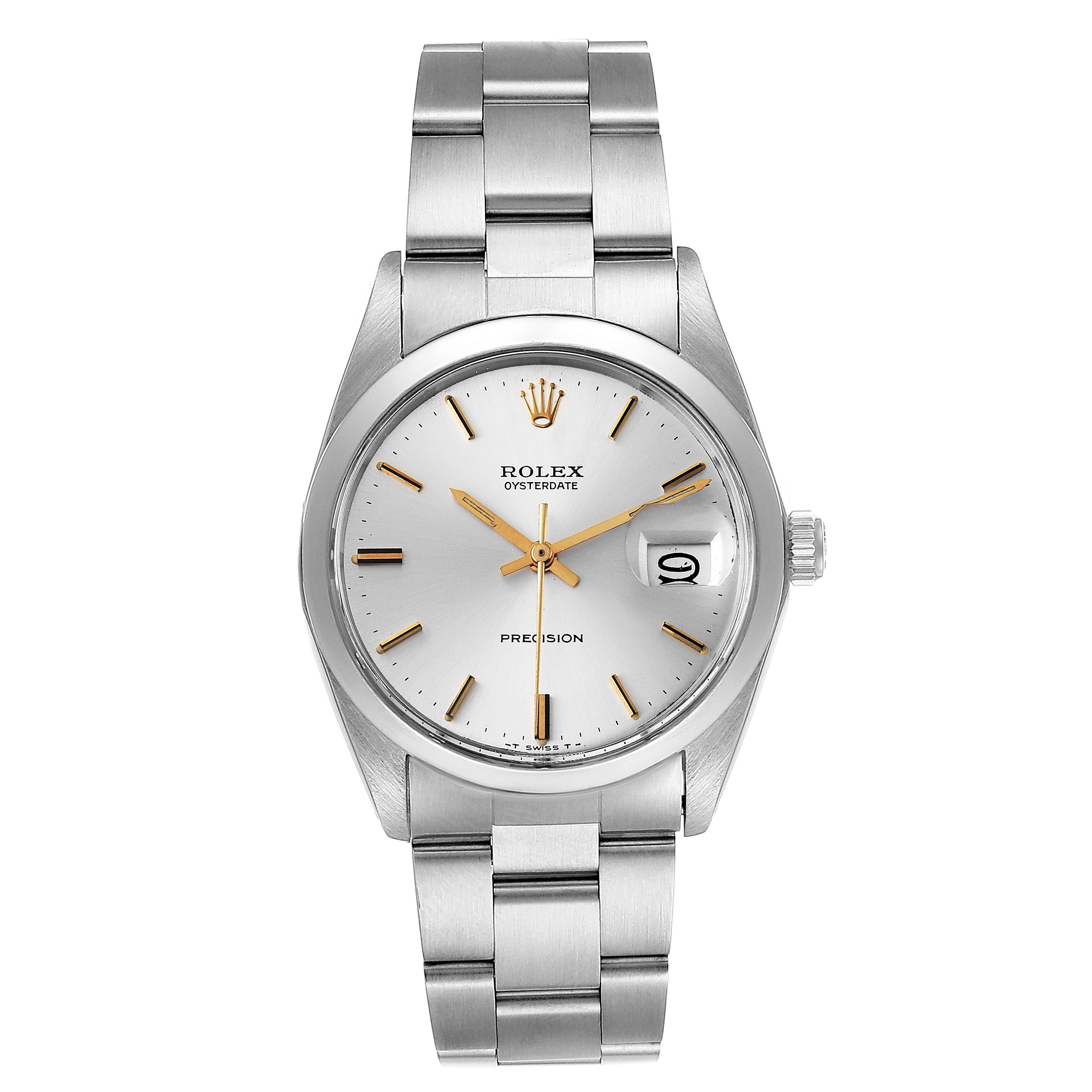 The image shows a front view of a Rolex Vintage Collection 6694 Men's Stainless Steel Silver Dial 6694 Men's Stainless Steel Silver Dial watch, displaying its face, dial, date, crown, and bracelet.