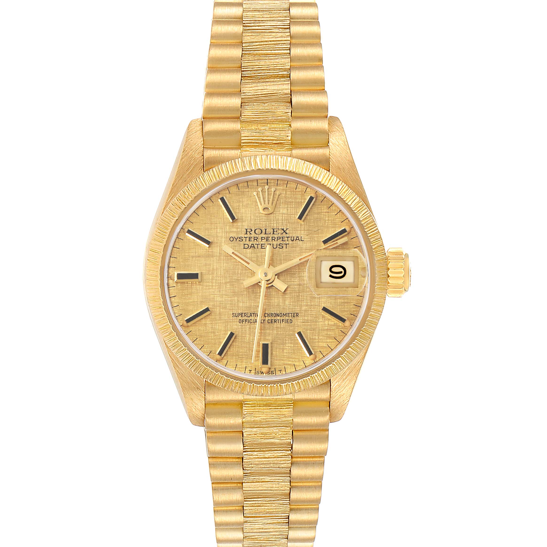 The Rolex President 69278 Women
s Yellow Gold Champagne Dial model is shown from a top-down angle, highlighting the dial, bracelet, and crown.