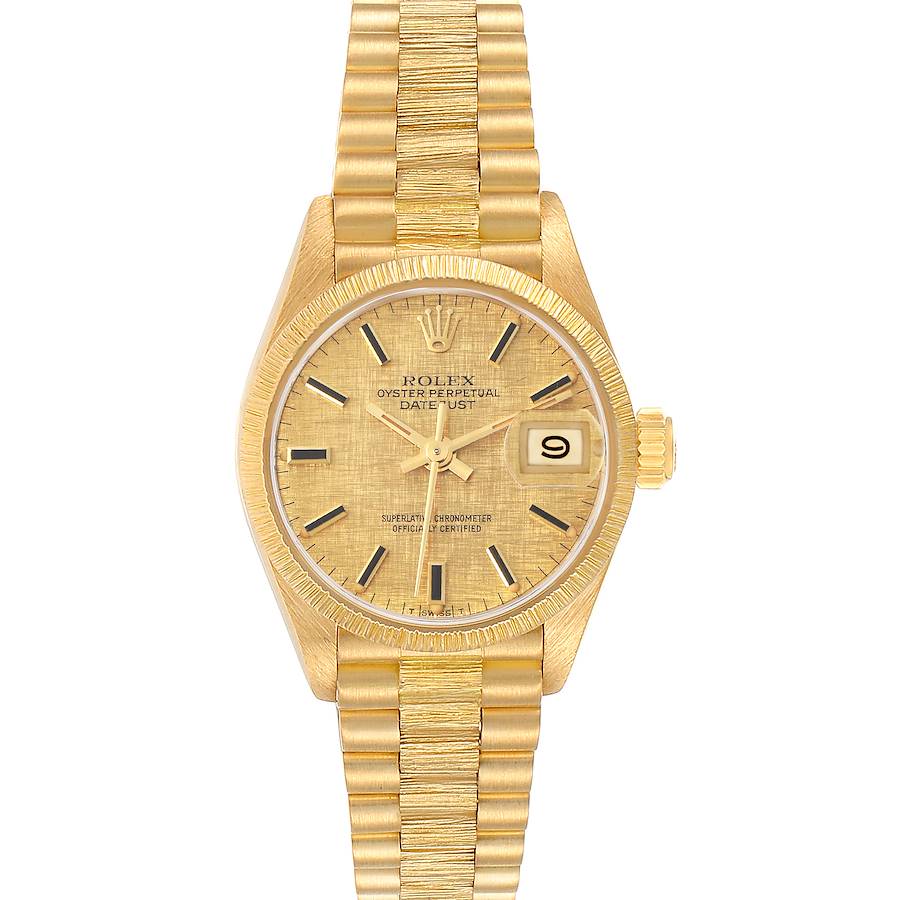 The Rolex President 69278 Women
s Yellow Gold Champagne Dial model is shown from a top-down angle, highlighting the dial, bracelet, and crown.