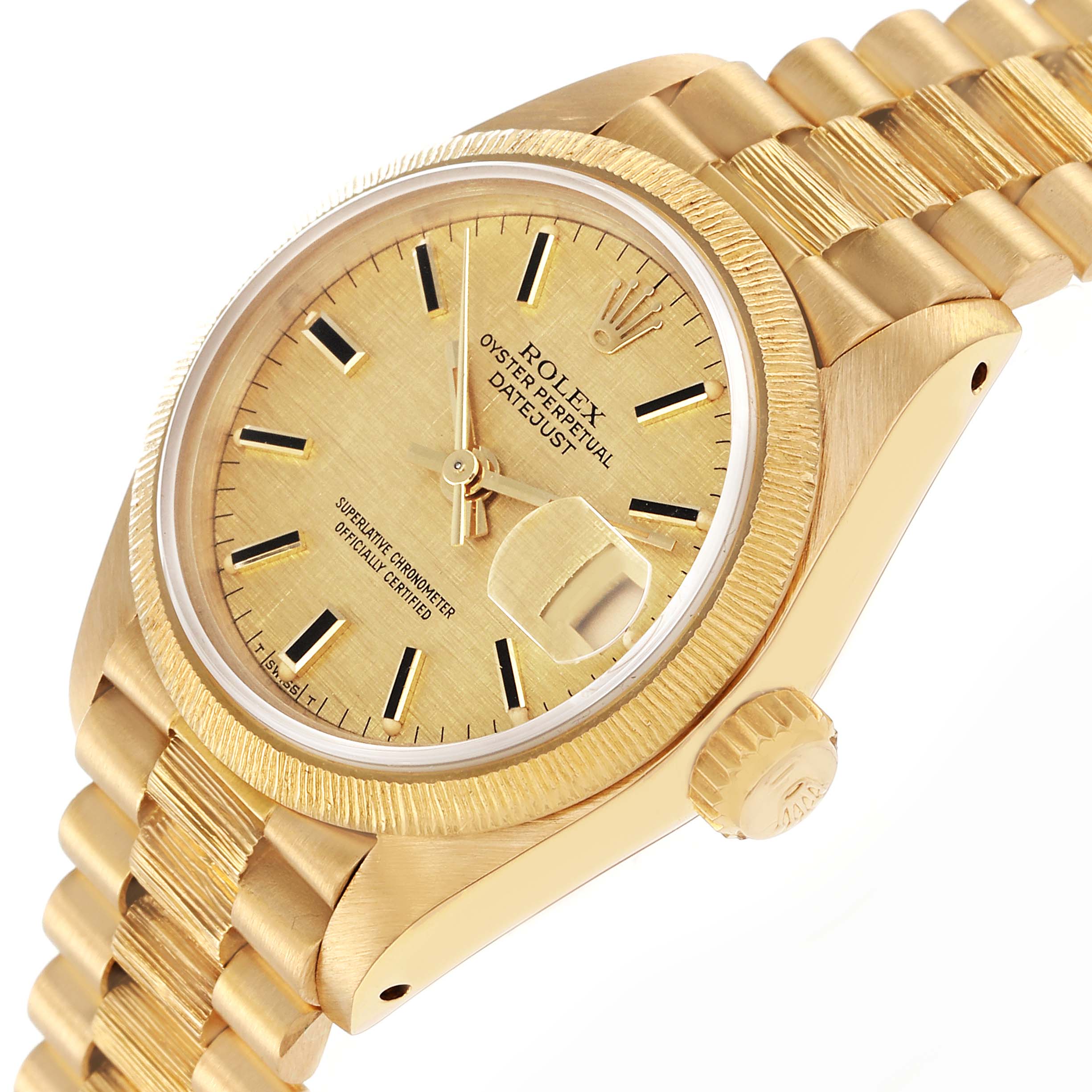 The Rolex President 69278 Women
s Yellow Gold Champagne Dial model watch is shown at an angle highlighting the gold dial, bracelet, bezel, and crown.