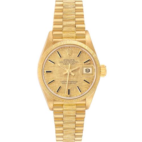 The Rolex President 69278 Women
s Yellow Gold Champagne Dial watch is shown from a straight-on angle, displaying the dial, bezel, and bracelet clearly.