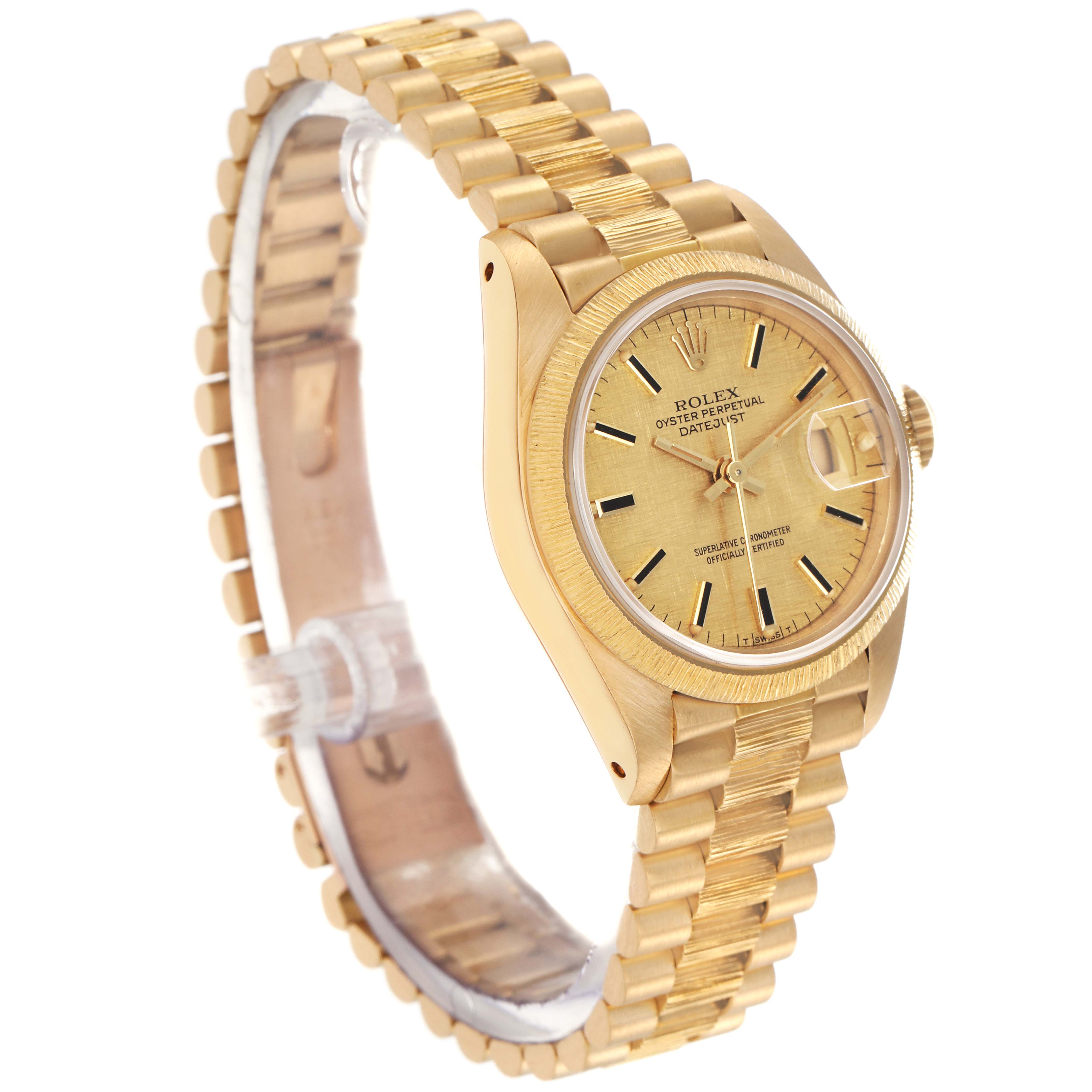 The Rolex President 69278 Women
s Yellow Gold Champagne Dial model is shown at an angled side view, highlighting the bracelet, case, and face.