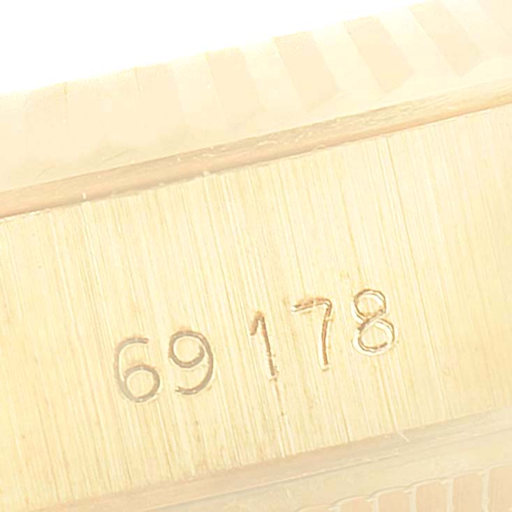 This image shows a close-up angle of the case reference number for a Rolex President 69178 Women
s Yellow Gold Champagne Dial 69178 Women
s Yellow Gold Champagne Dial model watch.