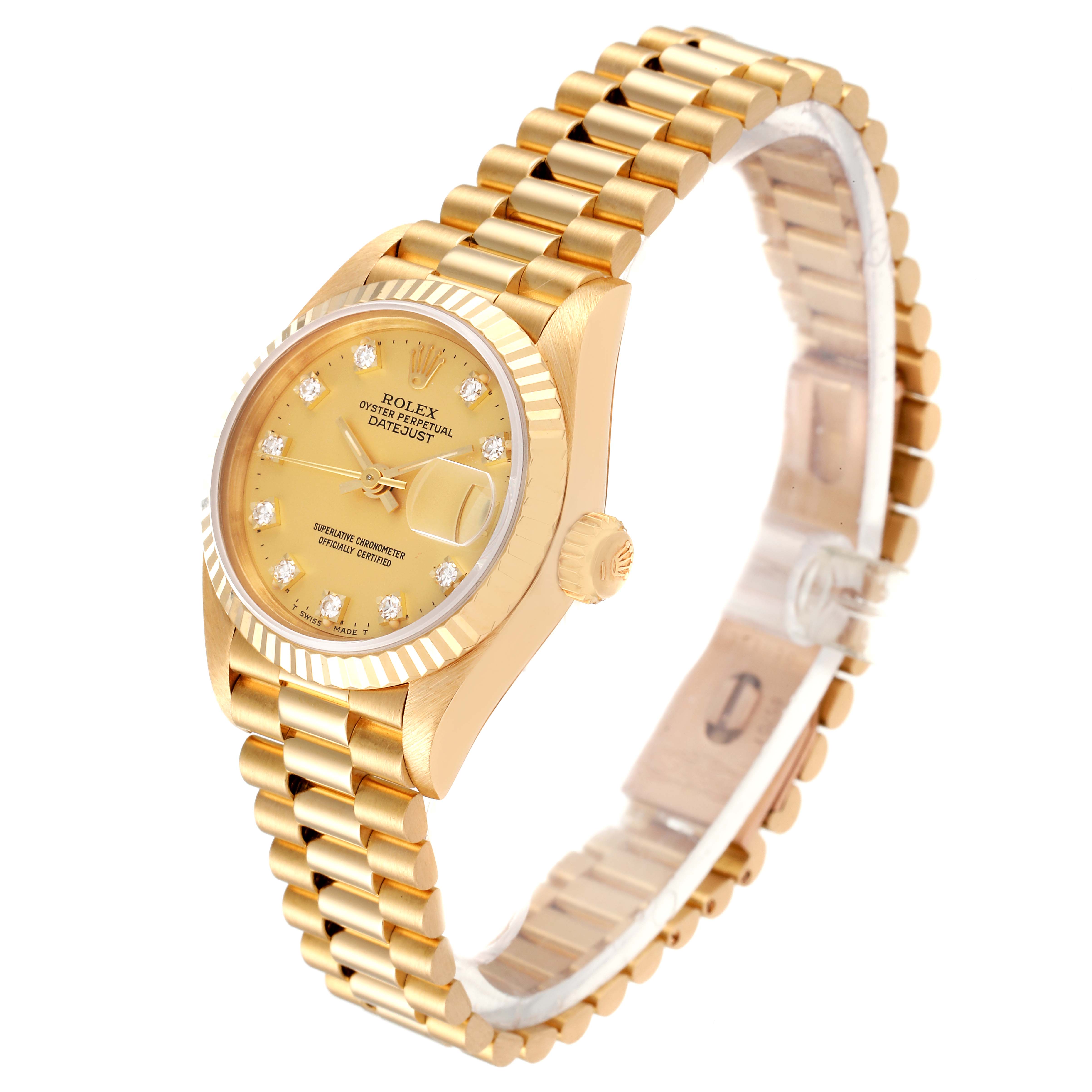 The Rolex President 69178 Women
s Yellow Gold Champagne Dial 69178 Women
s Yellow Gold Champagne Dial model watch is shown at a three-quarter angle, highlighting its gold case, dial, and bracelet.