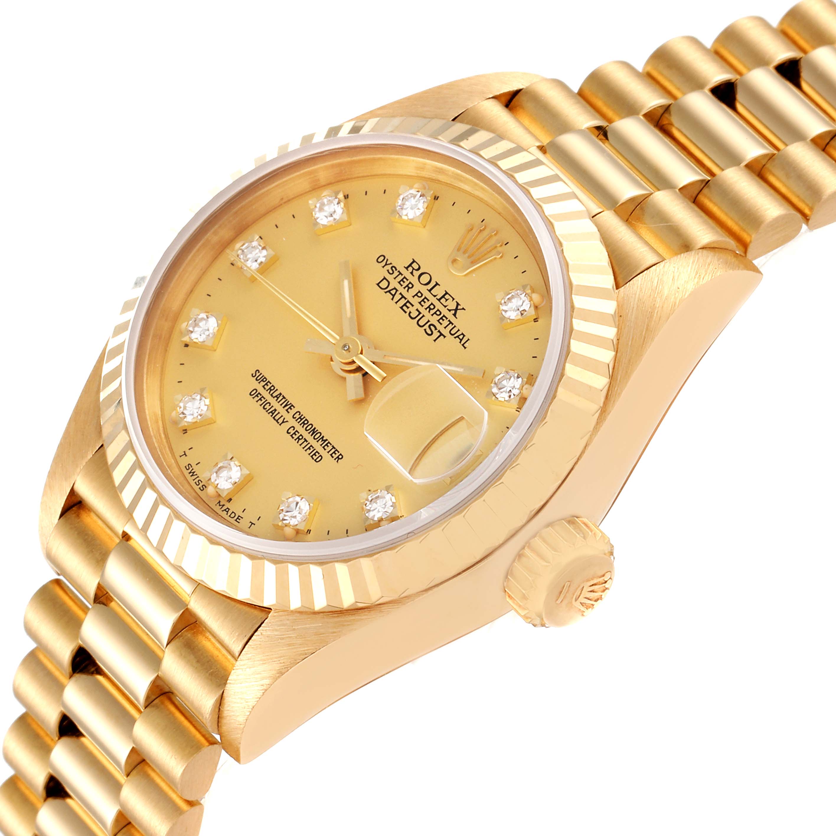 This image shows a close-up, angled view of the gold Rolex President 69178 Women
s Yellow Gold Champagne Dial 69178 Women
s Yellow Gold Champagne Dial model
s dial, bezel, bracelet, and crown.