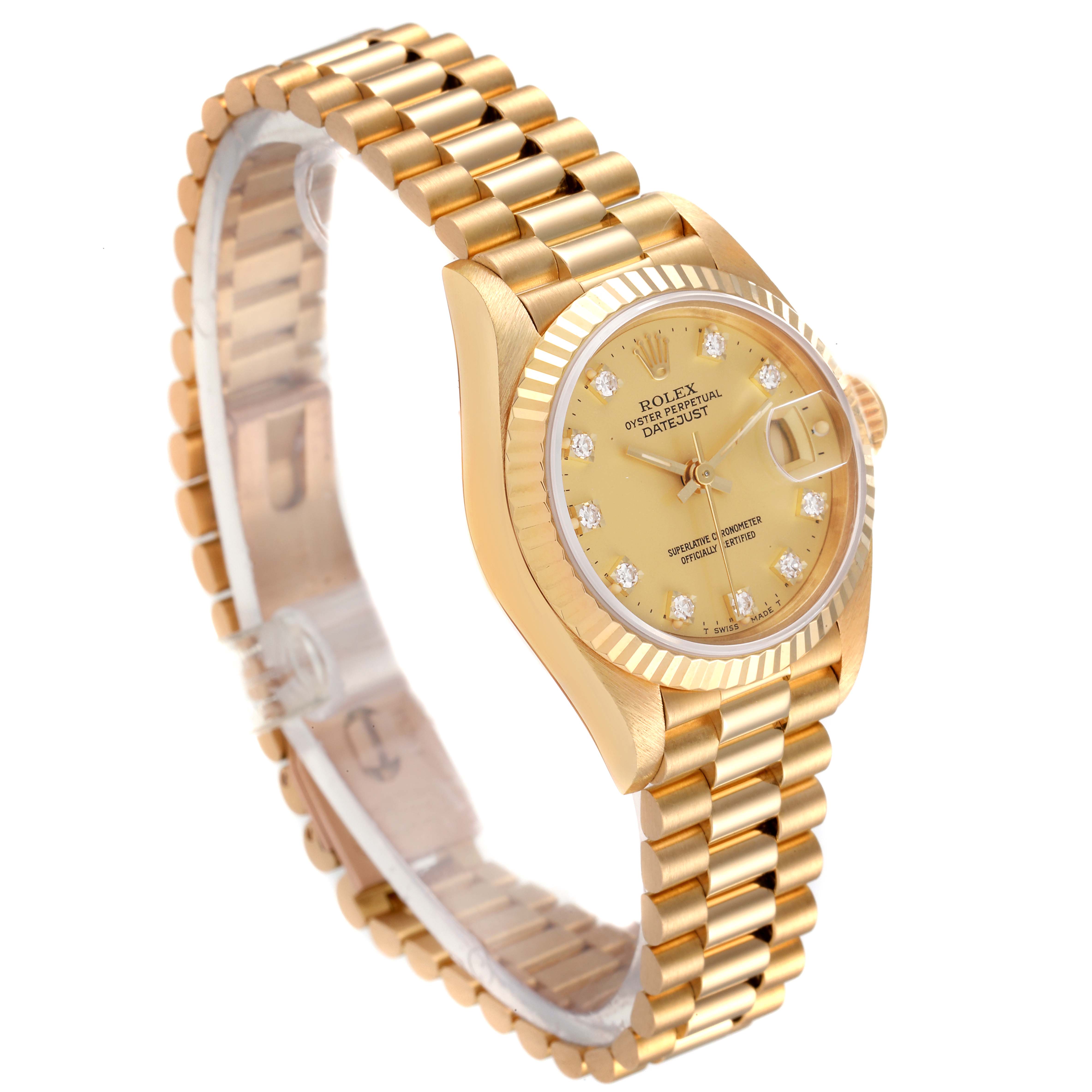 The image shows the Rolex President 69178 Women
s Yellow Gold Champagne Dial 69178 Women
s Yellow Gold Champagne Dial model watch from a three-quarter angle, displaying the case, dial, bezel, and bracelet.