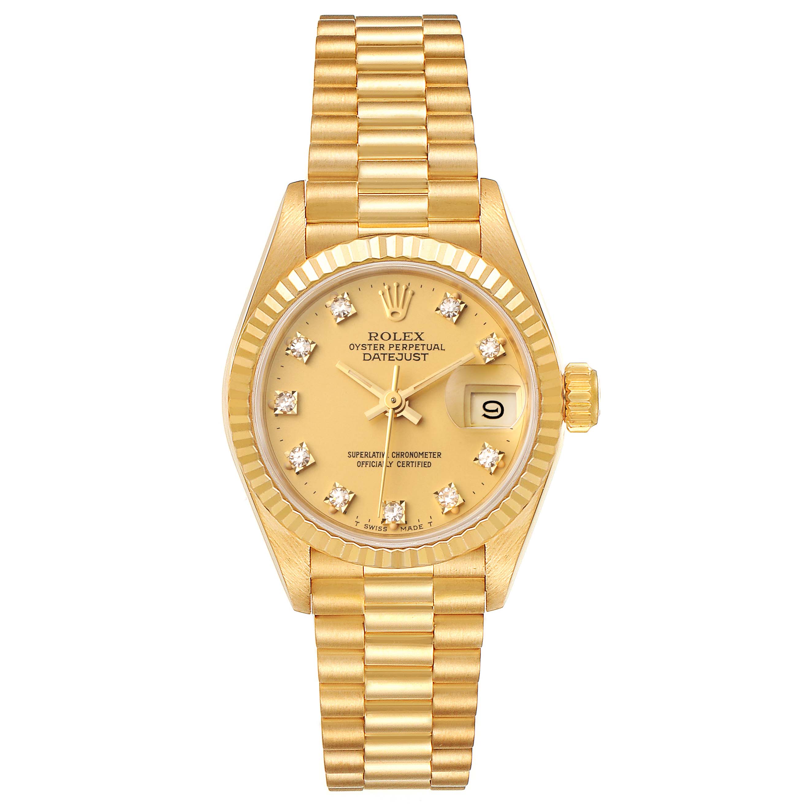 The image shows a Rolex President 69178 Women
s Yellow Gold Champagne Dial 69178 Women
s Yellow Gold Champagne Dial model watch from a top-down angle, highlighting its gold strap and dial with diamond markers.
