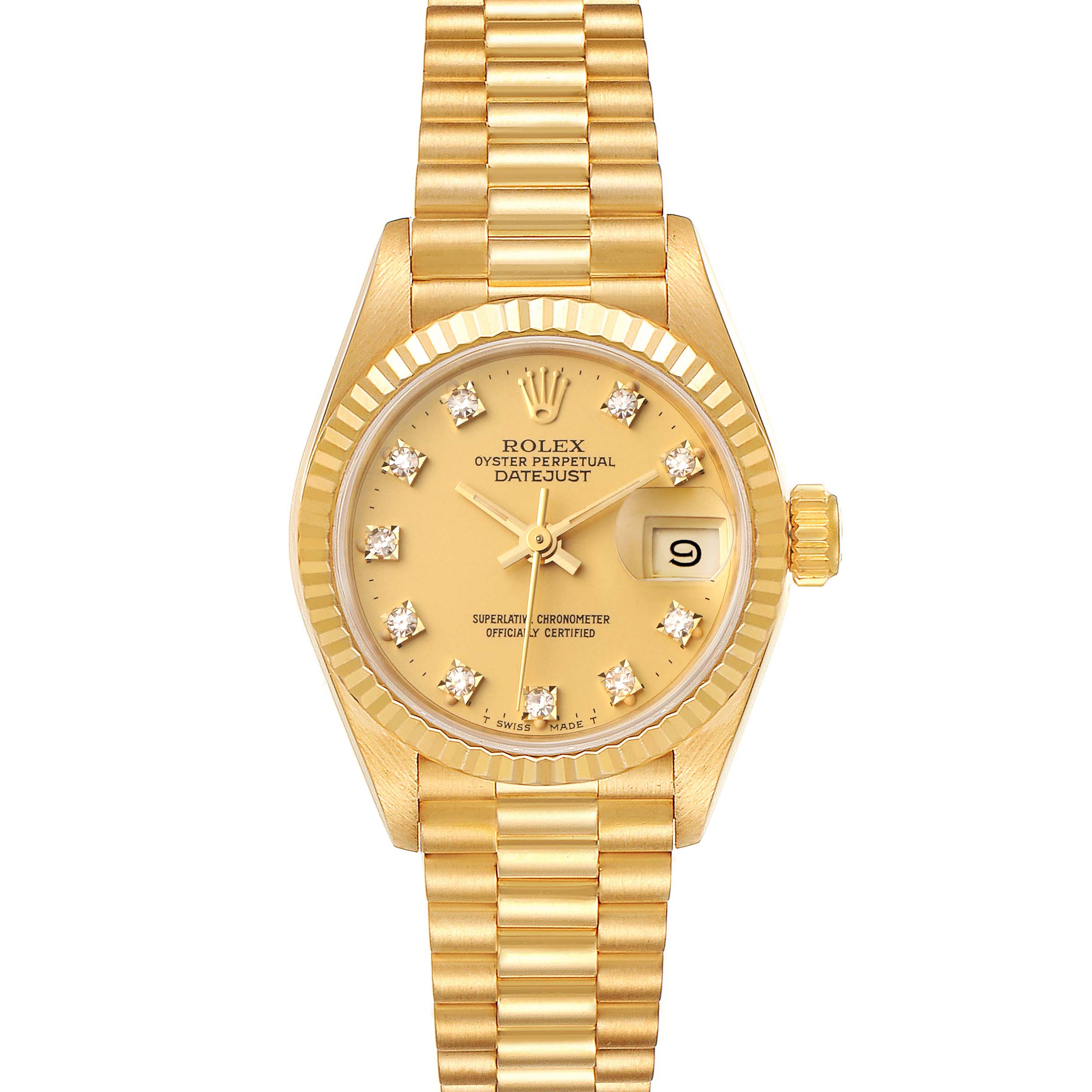 This Rolex President 69178 Women
s Yellow Gold Champagne Dial 69178 Women
s Yellow Gold Champagne Dial model watch is shown from the top view, highlighting the gold dial, fluted bezel, and President bracelet.