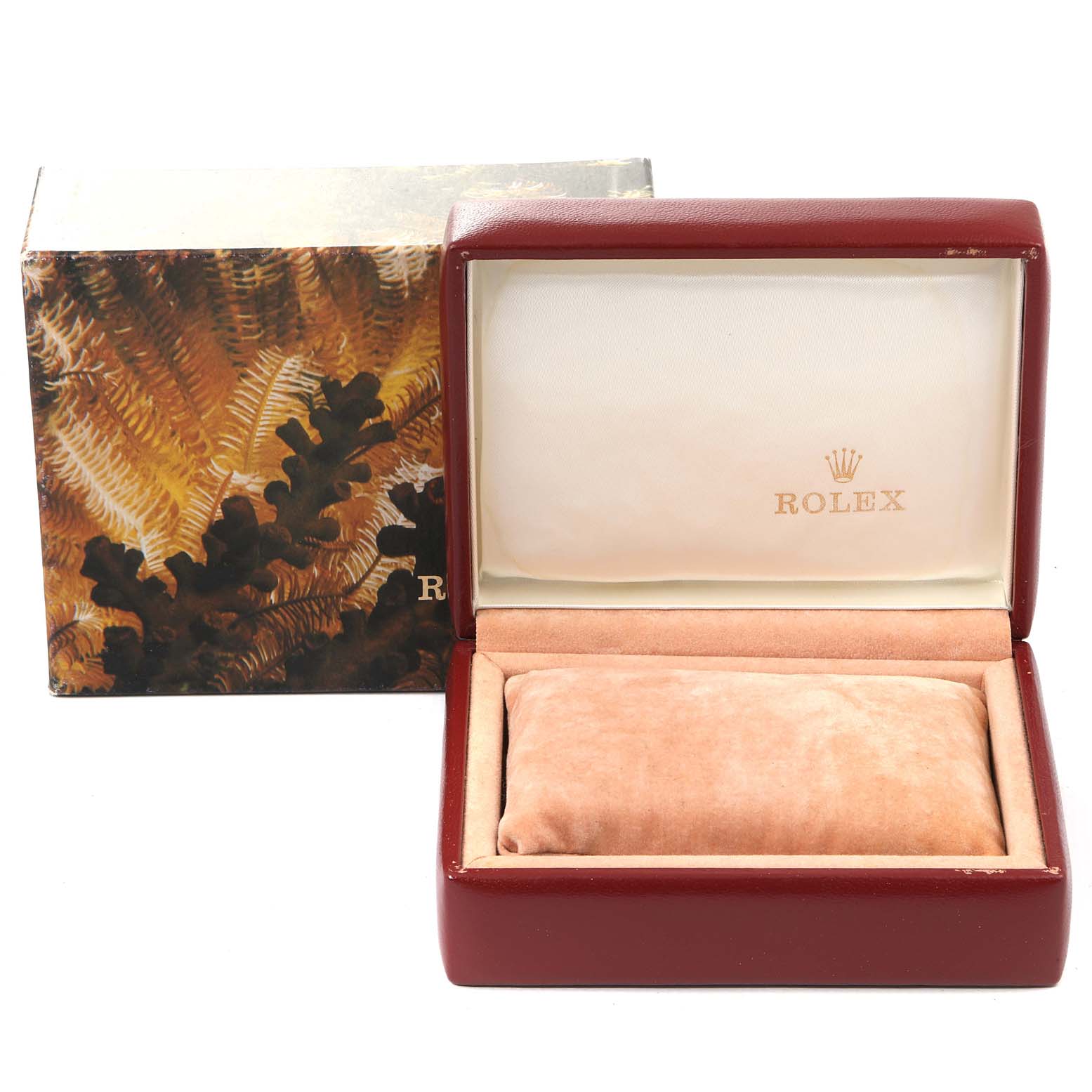 The image shows an open Rolex President 69178 Women
s Yellow Gold Champagne Dial 69178 Women
s Yellow Gold Champagne Dial model watch box with a cushion inside, along with the outer packaging.