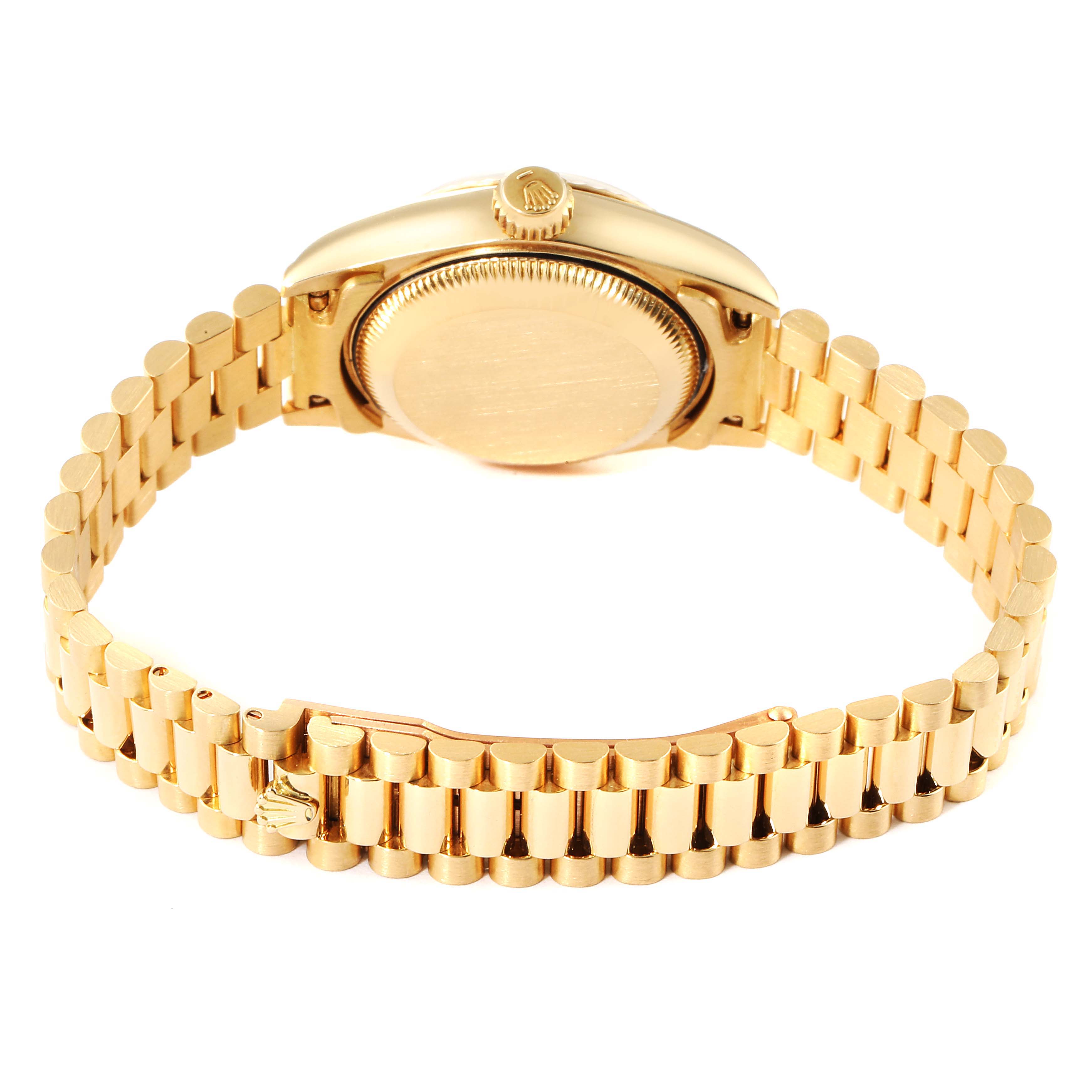 This image shows the backside and bracelet of the Rolex President 69178 Women
s Yellow Gold Champagne Dial 69178 Women
s Yellow Gold Champagne Dial model watch in gold.
