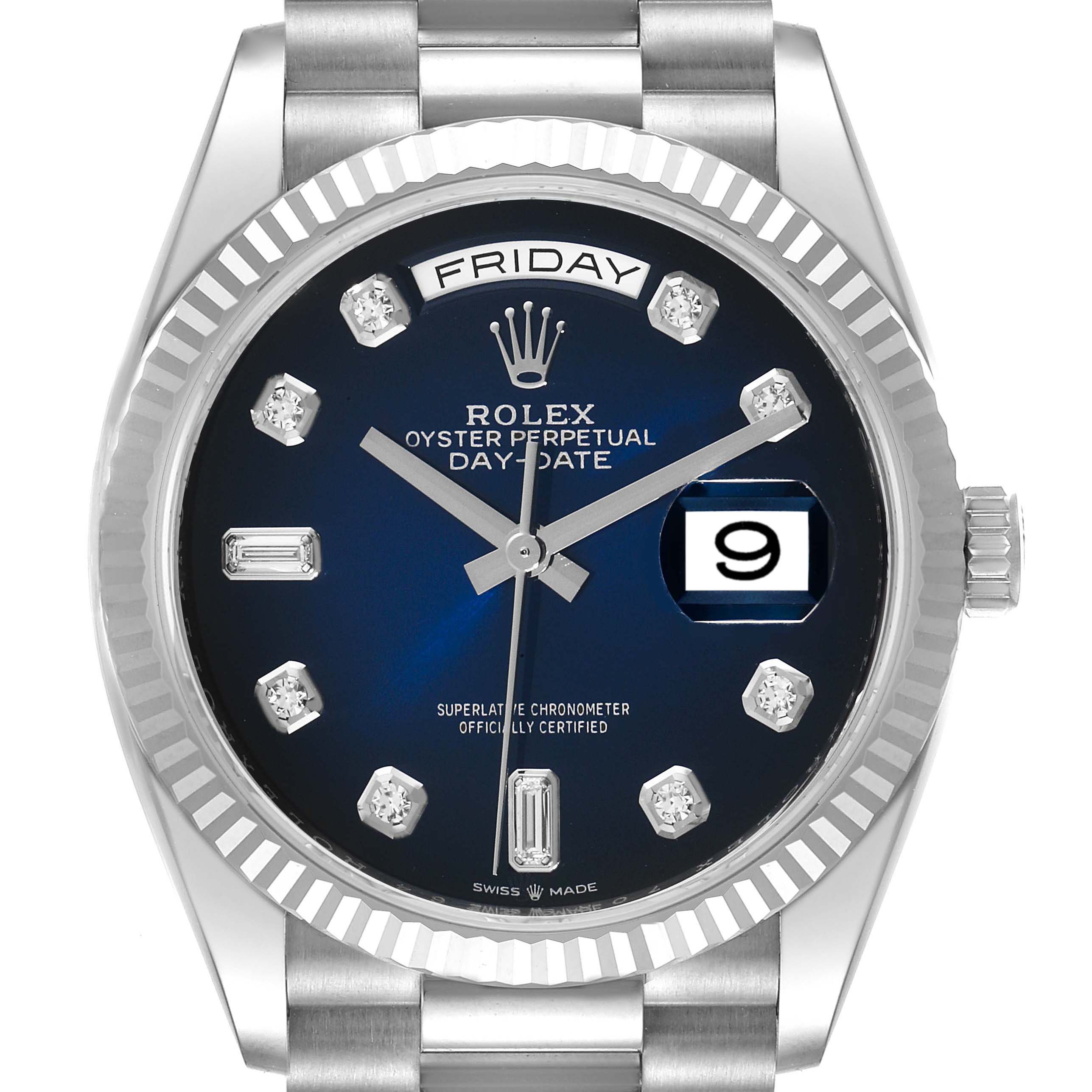 This is a frontal view of the Rolex President 128239 Men's White Gold Blue Dial 128239 Men's White Gold Blue Dial model, showing the blue dial, day and date displays, markers, and crown.
