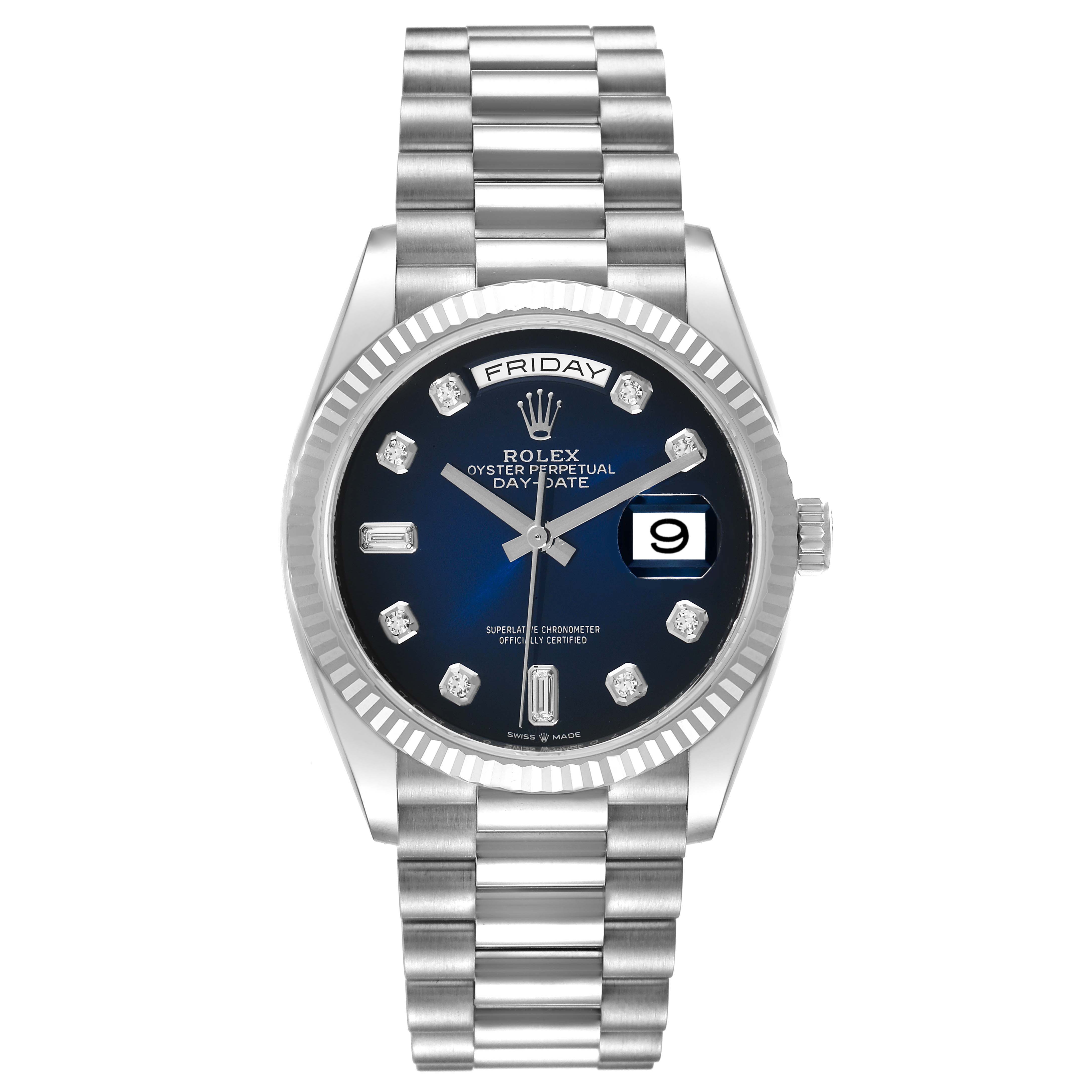 This image shows a Rolex President 128239 Men's White Gold Blue Dial 128239 Men's White Gold Blue Dial watch from a front angle, highlighting its blue dial, day-date displays, and silver bracelet.