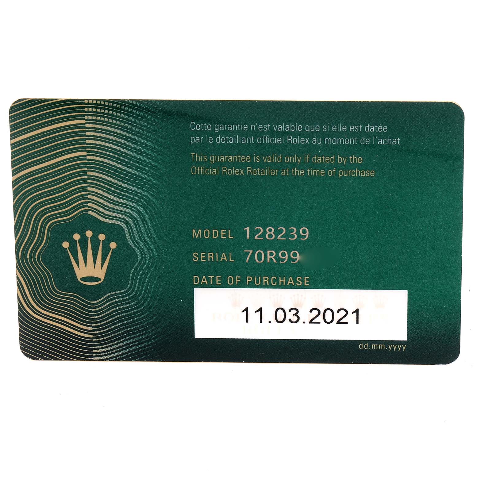 The image shows a warranty card for the President model by Rolex, featuring the model number, serial number, and date of purchase.